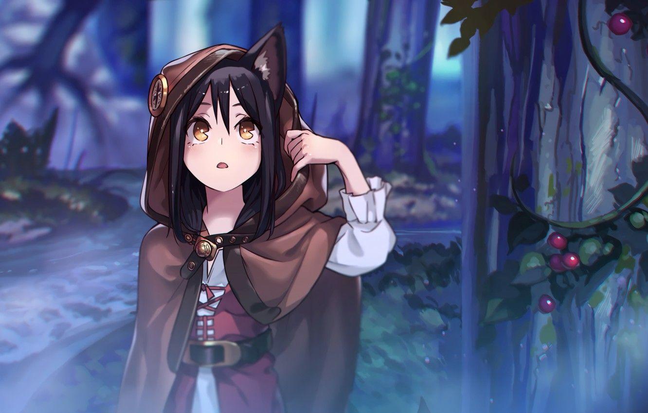 1332x850 Wallpaper forest, girl, dark, anime, art, neko, the girl in