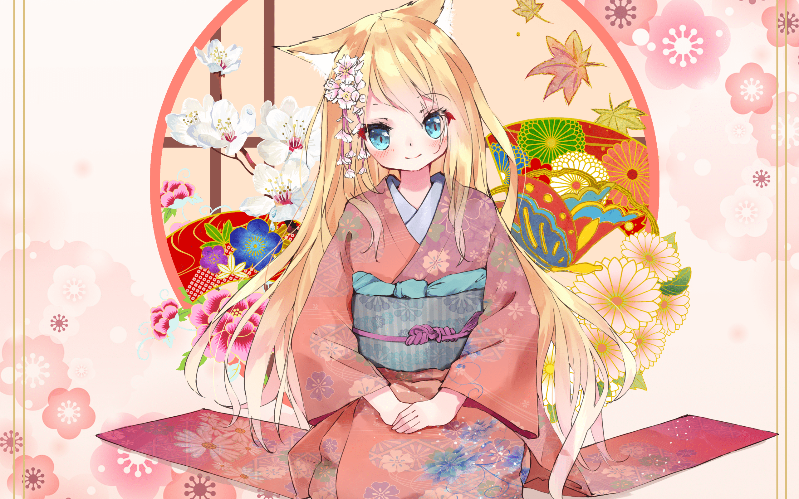 2560x1600 Download 2560x1600 Anime Cat Girl, Nekomimi, Blonde, Kimono, Cute