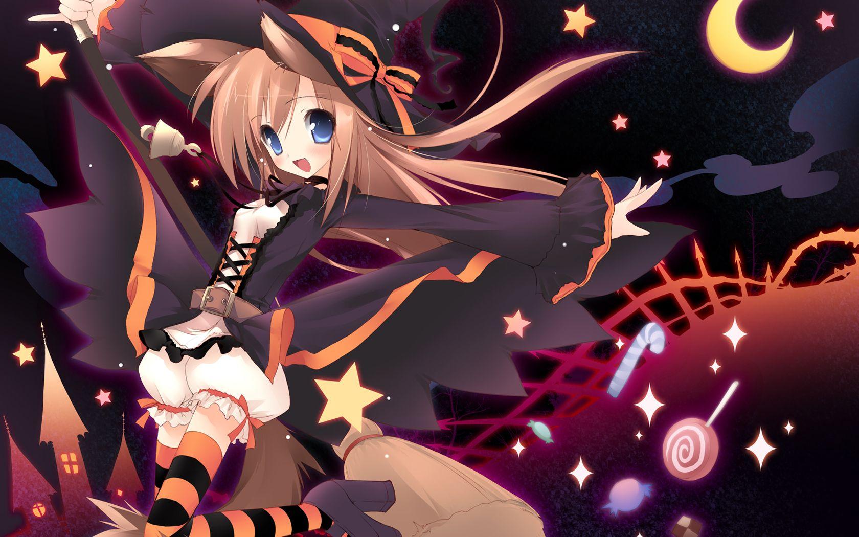 1680x1050 witch, Halloween, nekomimi, cat ears, lolicon, striped legwear