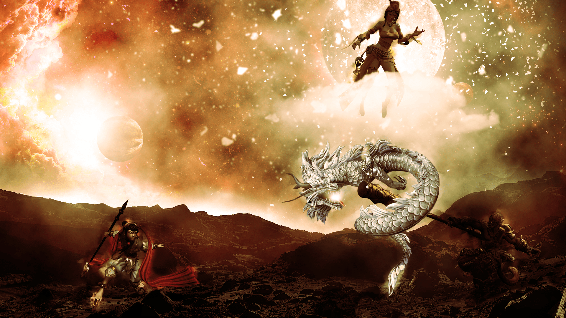 1920x1080 Ne Zha, SunWukong, Nu Wa, Ao Kuang Smite Wallpaper