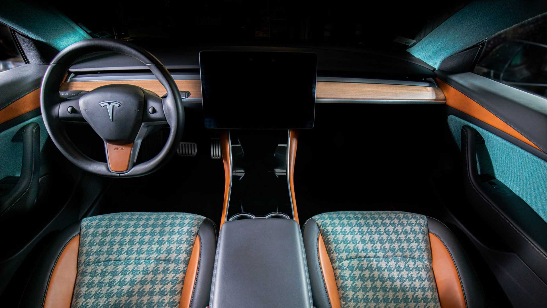 1920x1080 Vilner Blings Tesla Model 3 Interior With Houndstooth And Turquoise