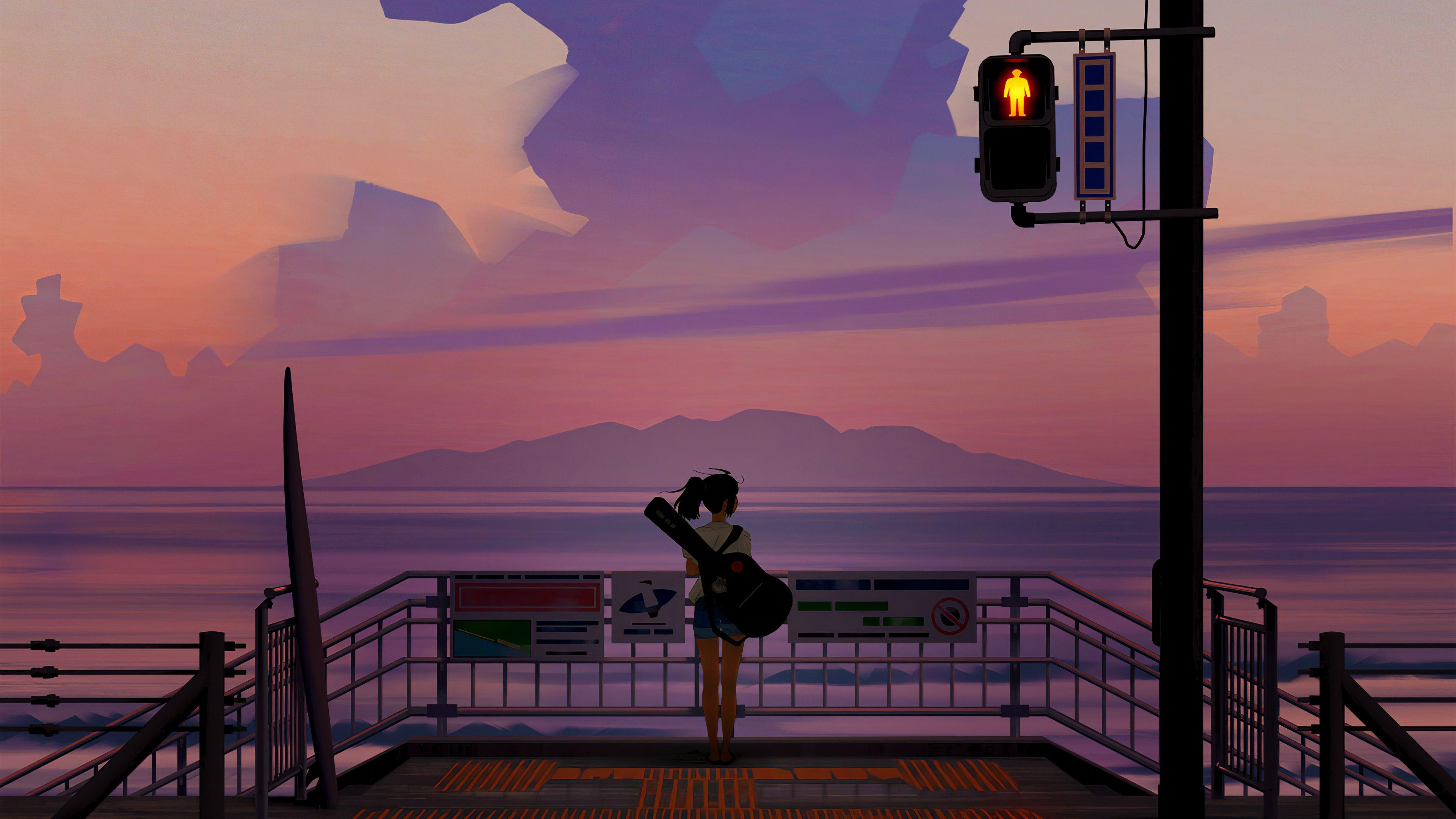 3840x2160 Anime Girl With Guitar Watching The Sunset 4k, HD Anime, 4k