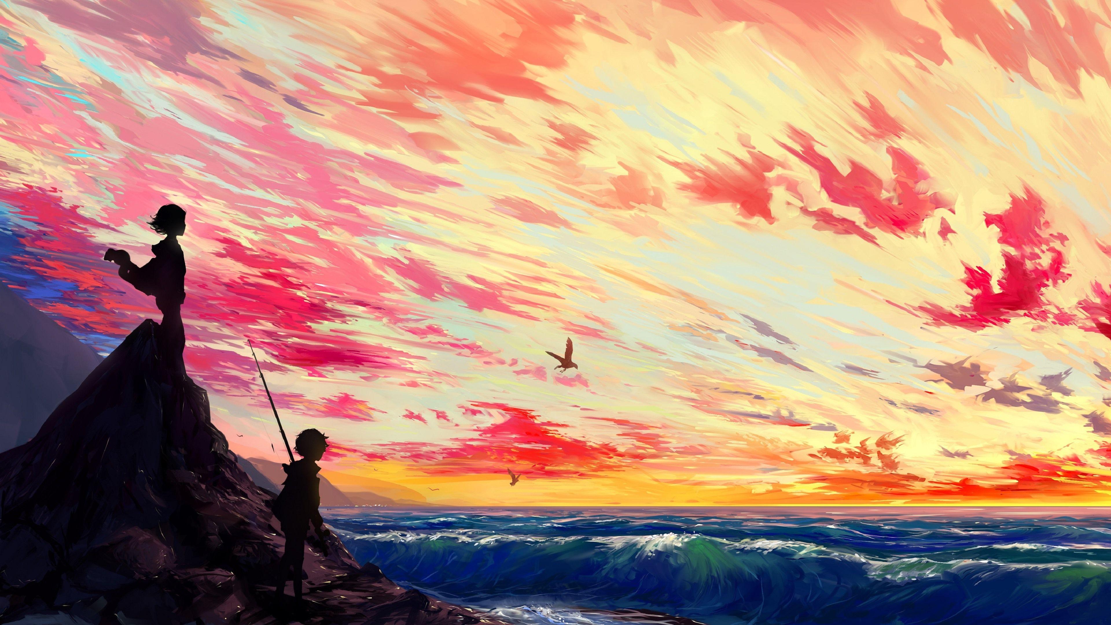 3840x2160 Wallpaper Beautiful anime picture, girl and boy, sea, clouds