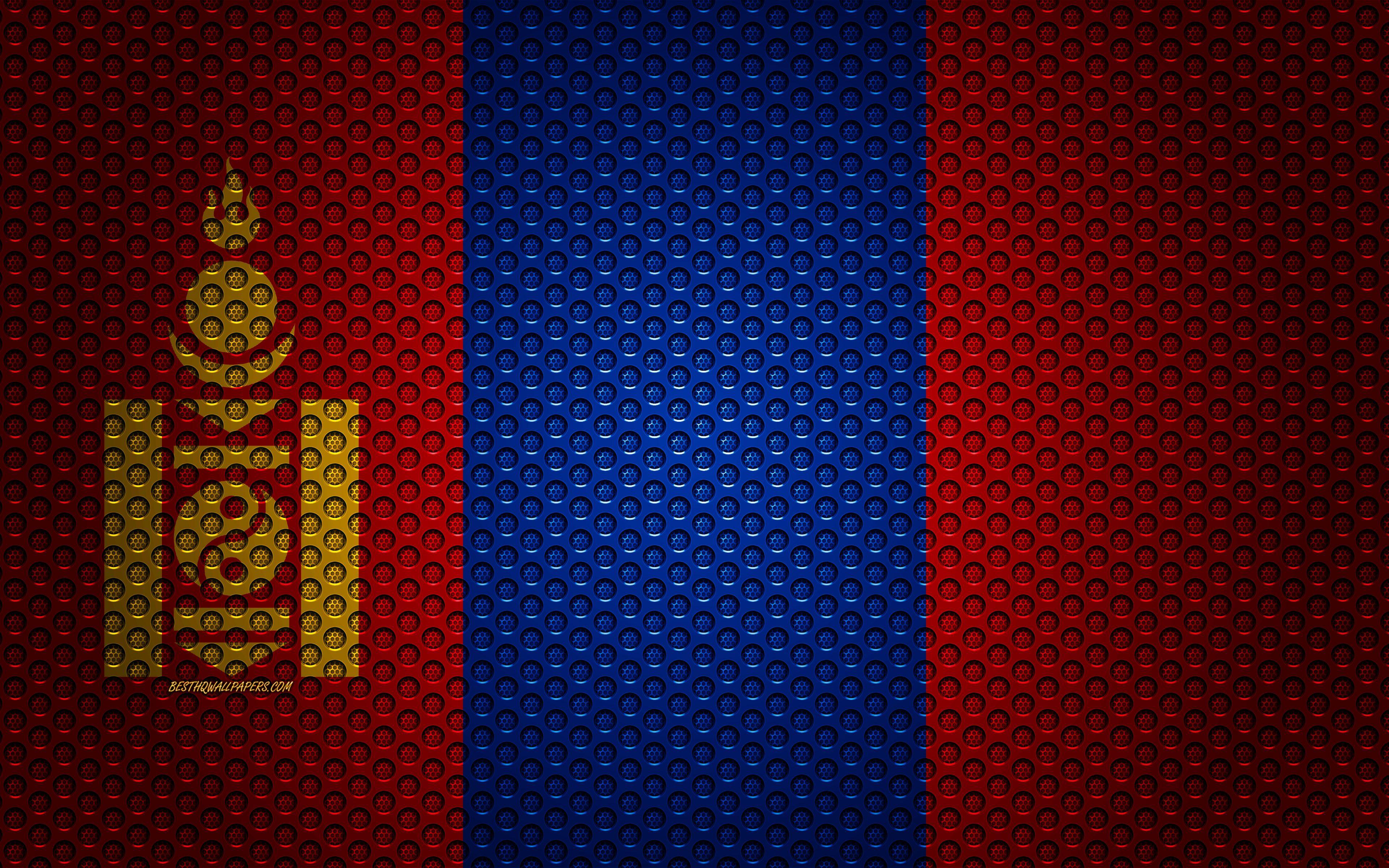 3840x2400 Download wallpaper Flag of Mongolia, 4k, creative art, metal mesh