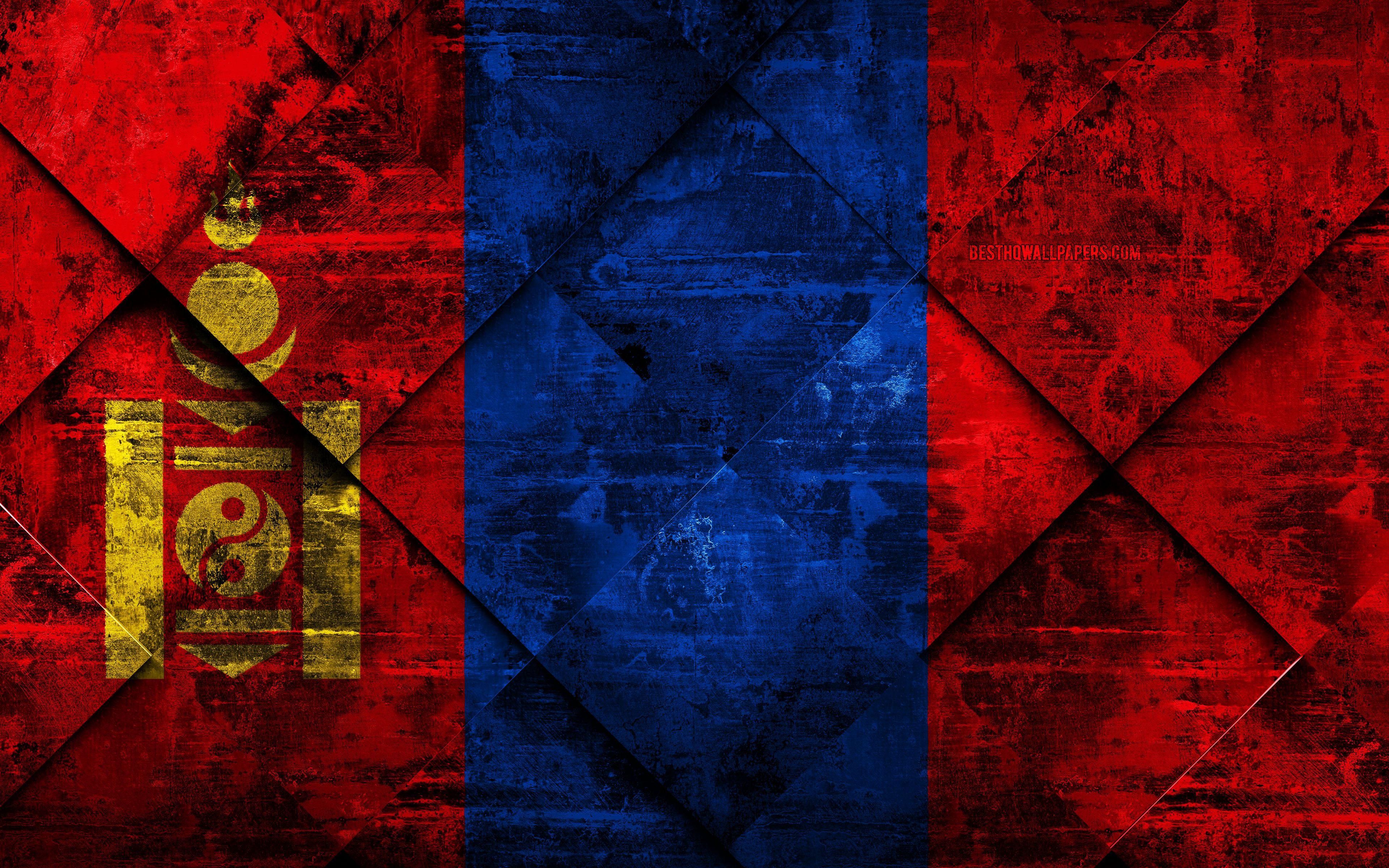 3840x2400 Download wallpaper Flag of Mongolia, 4k, grunge art, rhombus