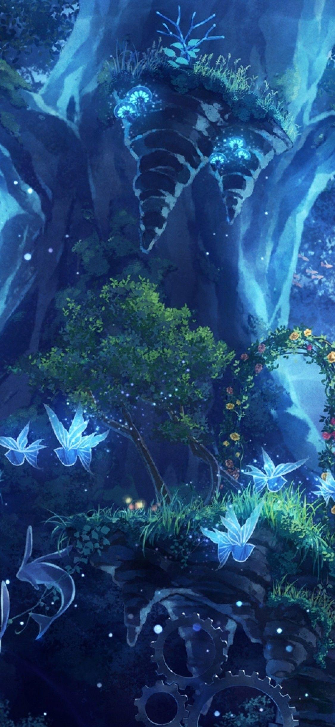 1125x2436 Download Anime Girl, Fairy Forest, Butterflies, Plants