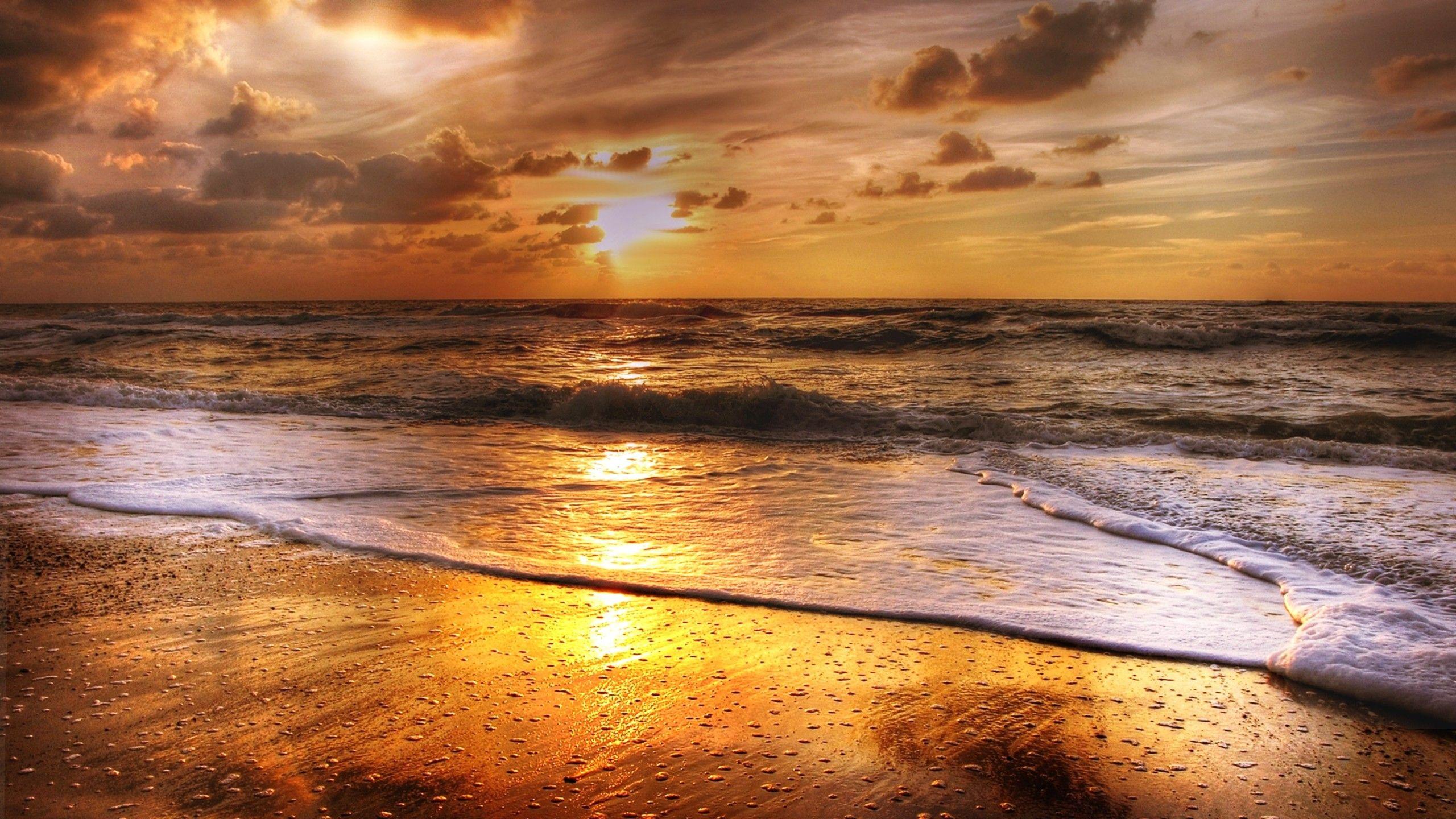 2560x1440 Sunset Beach Sea Sun Clouds 1440P Resolution HD 4k