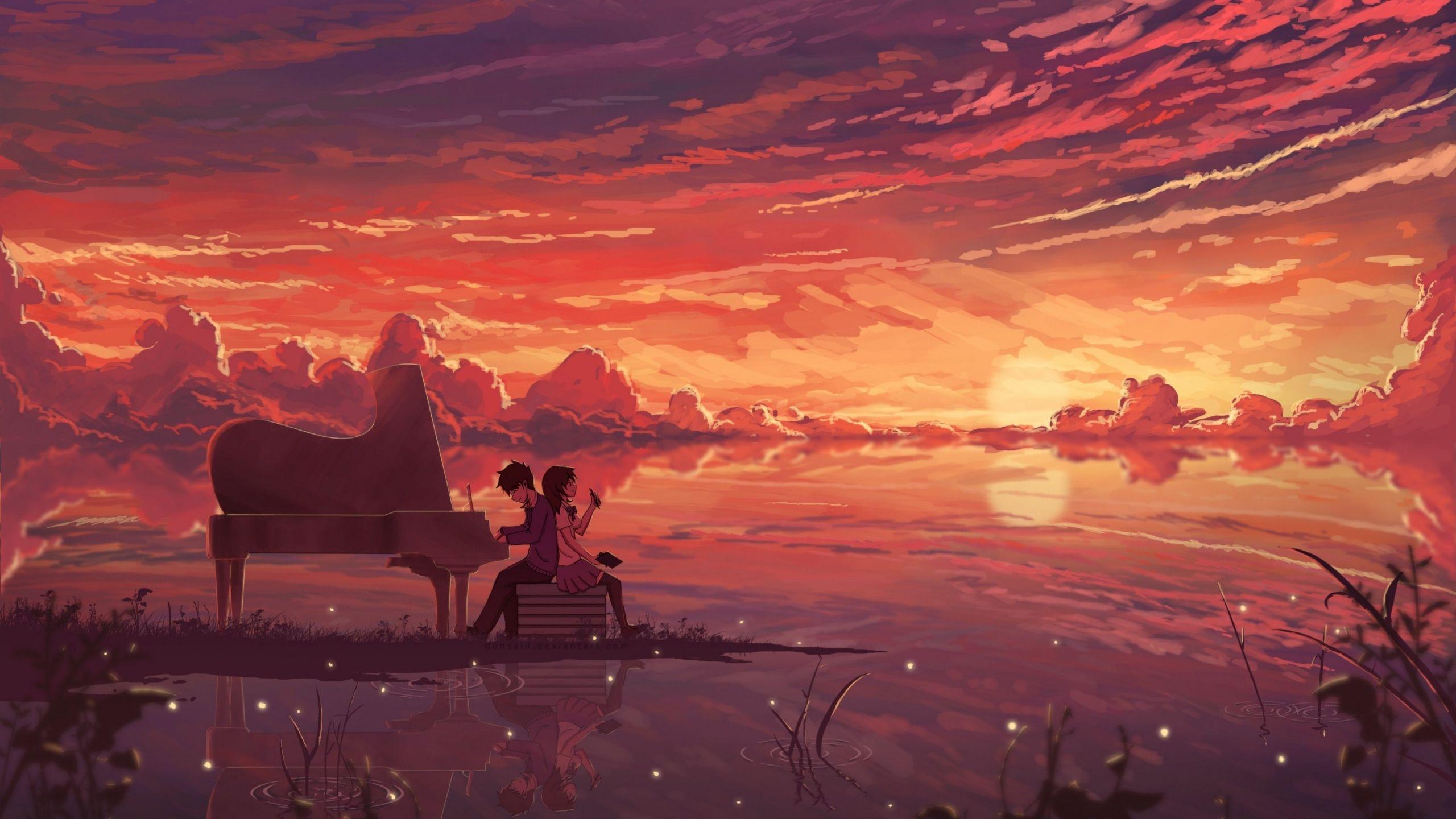 2560x1440 Sunset Girl Boy And Piano Wallpaper