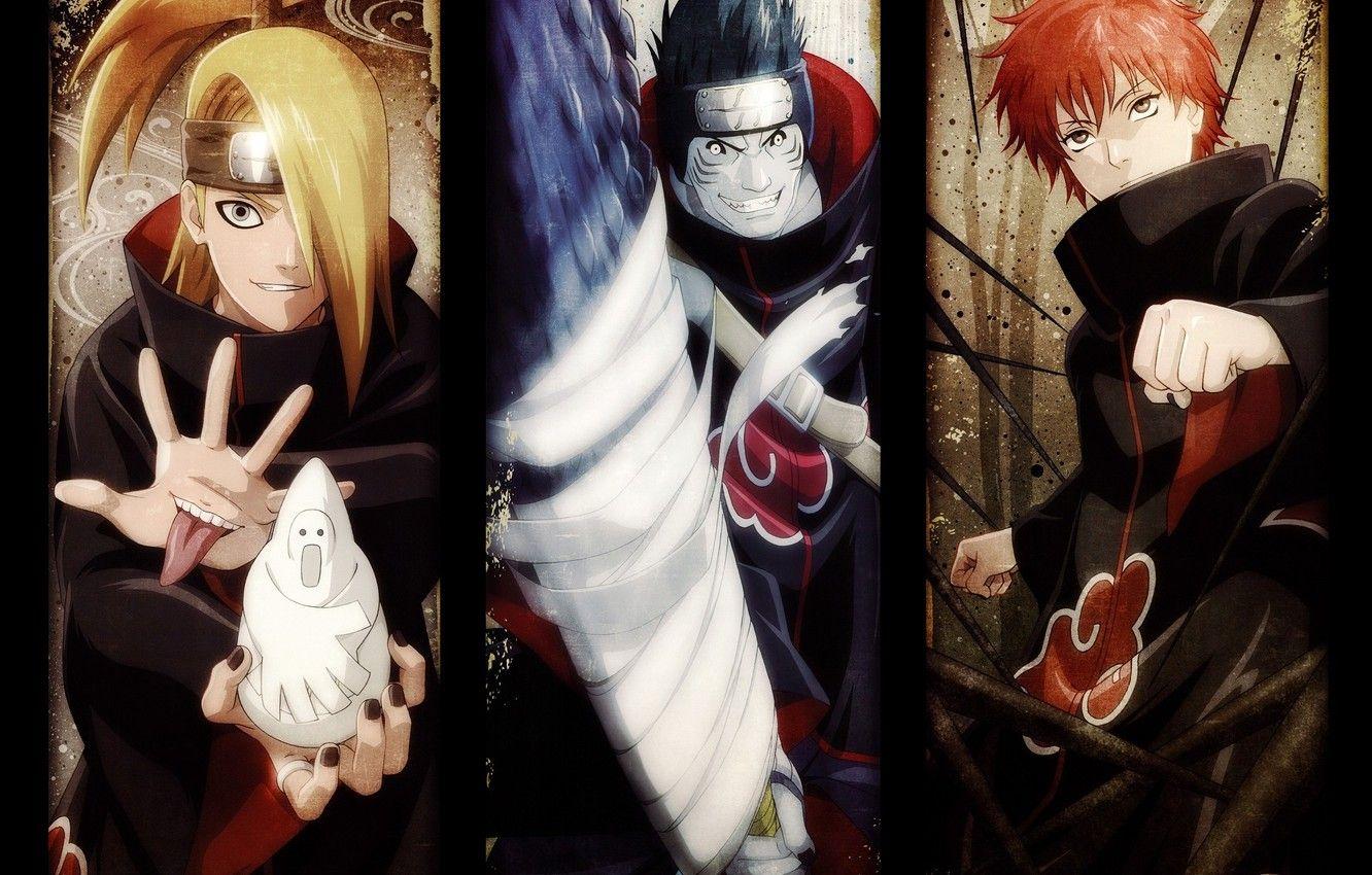 1332x850 Wallpaper language, look, sword, cloak, Naruto, fist, grin, ninja, akatsuki, ninja, ninjutsu, Deidara, Sasori, stuck out his tongue, Kisame Hoshigaki, bandage on forehead image for desktop, section сёнэн