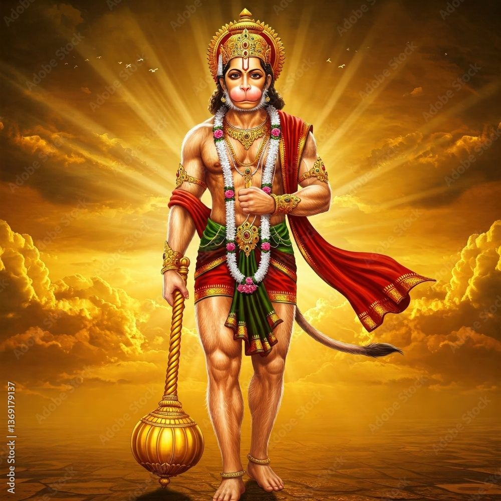 1000x1000 Powerful Lord Hanuman Ji Photo HD 4K with Golden Gada, Muscular Divine Form, Radiant Crown for Hanuman Jayanti Janmotsav Hanuman Ji Wallpaper Background Drawing Stock Illustration