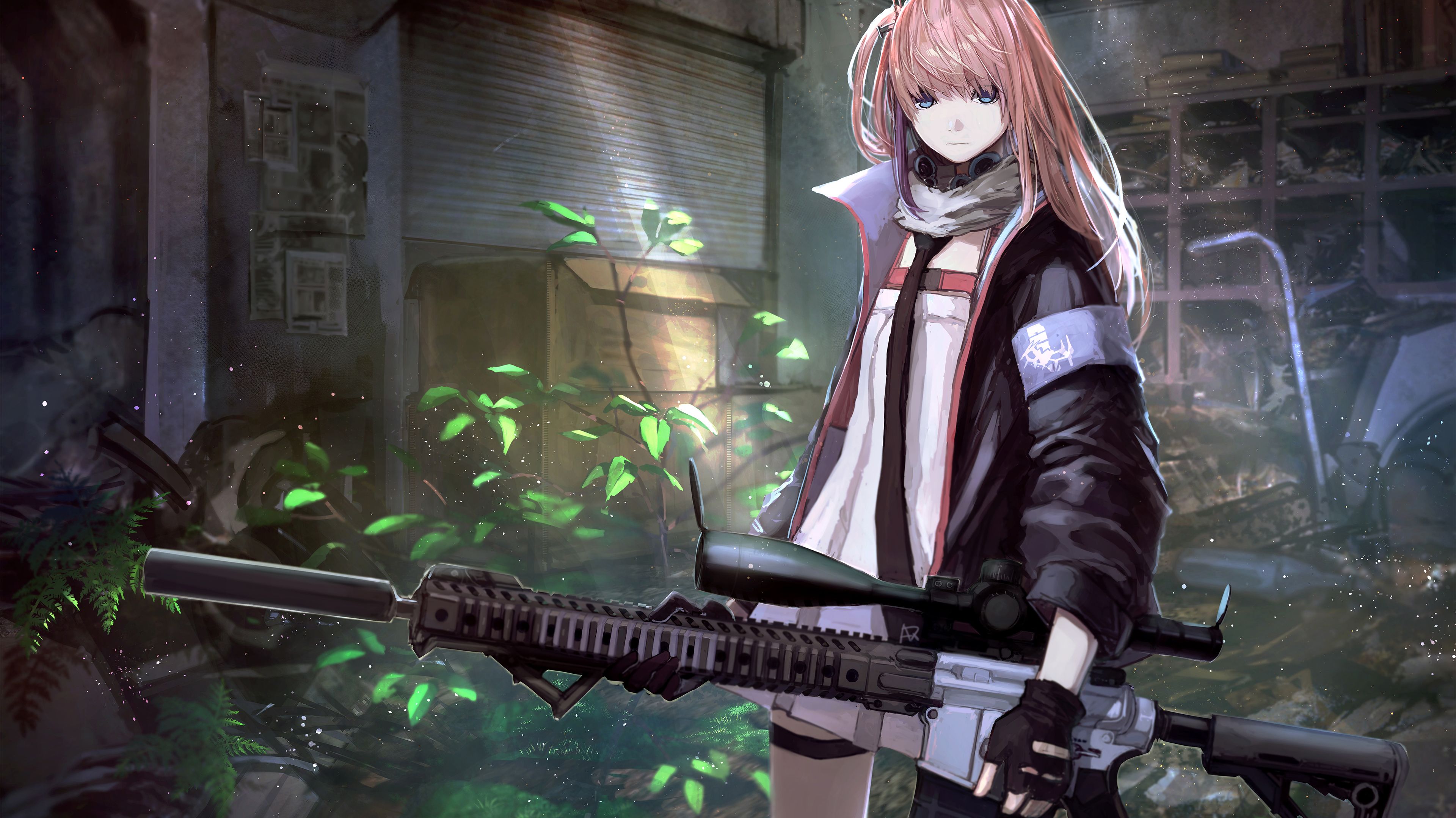 3840x2160 Girls Frontline ST AR 15 With Background Of Plan Half Open Shutter And Shelves 4K HD Games Wallpaper