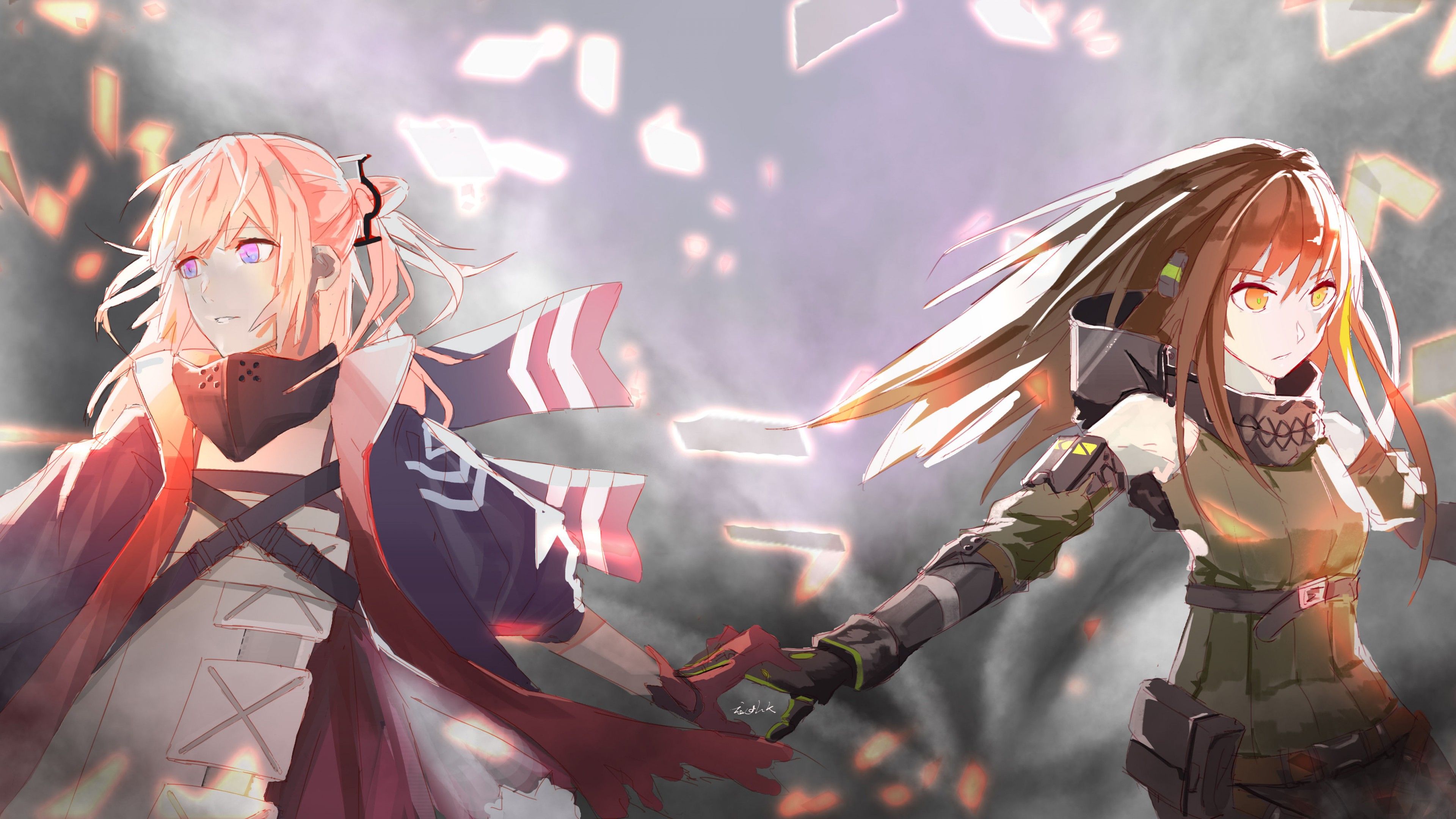 3840x2160 Girls Frontline M4A1 ST AR 15 With Background Of Purple Gray And Broken Glasses 4K 5K HD Games Wallpaper