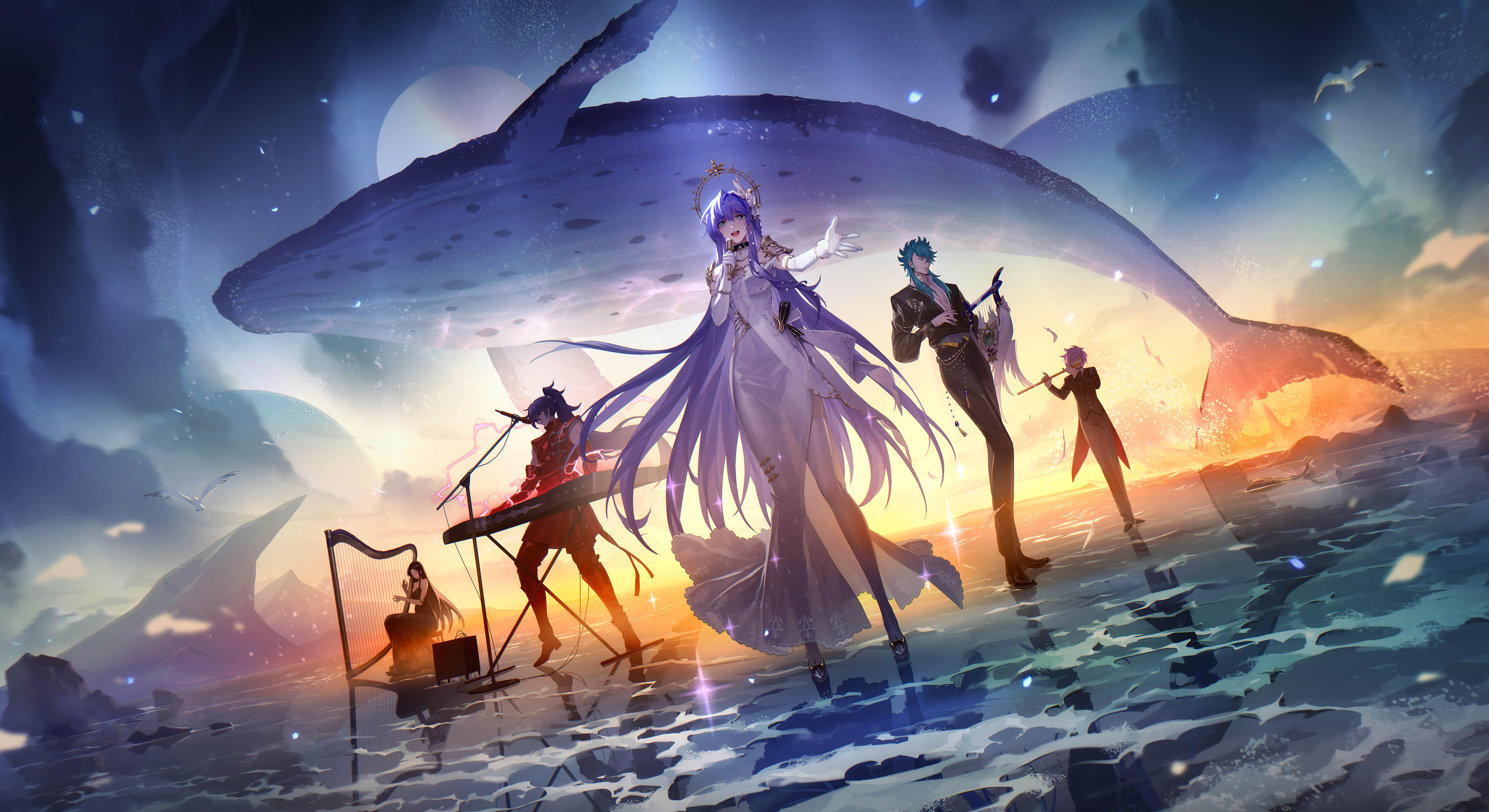 5496x3000 4K, water, anime boys, Saint Seiya, animals, reflection, whale, HD Wallpaper