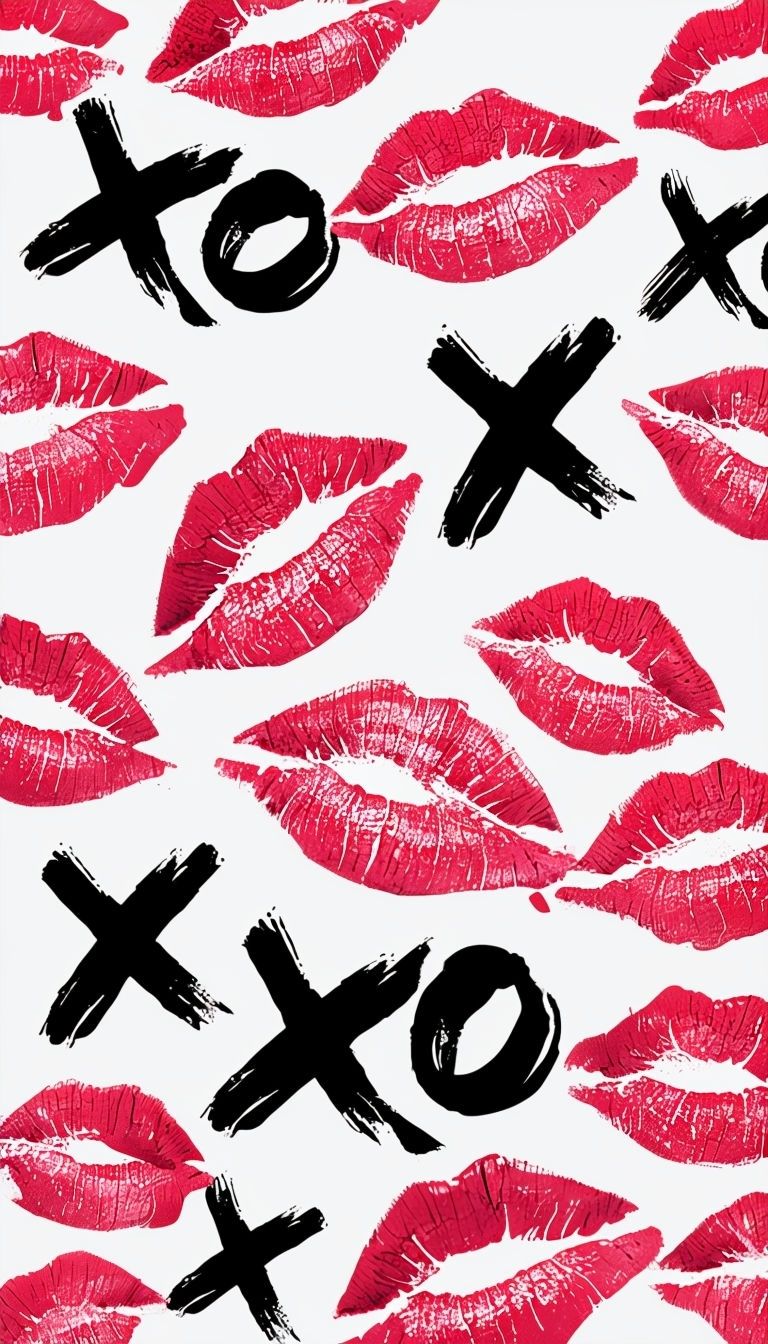 768x1344 Playful Red Lipstick Kiss Marks and XO Pattern Mobile Wallpaper
