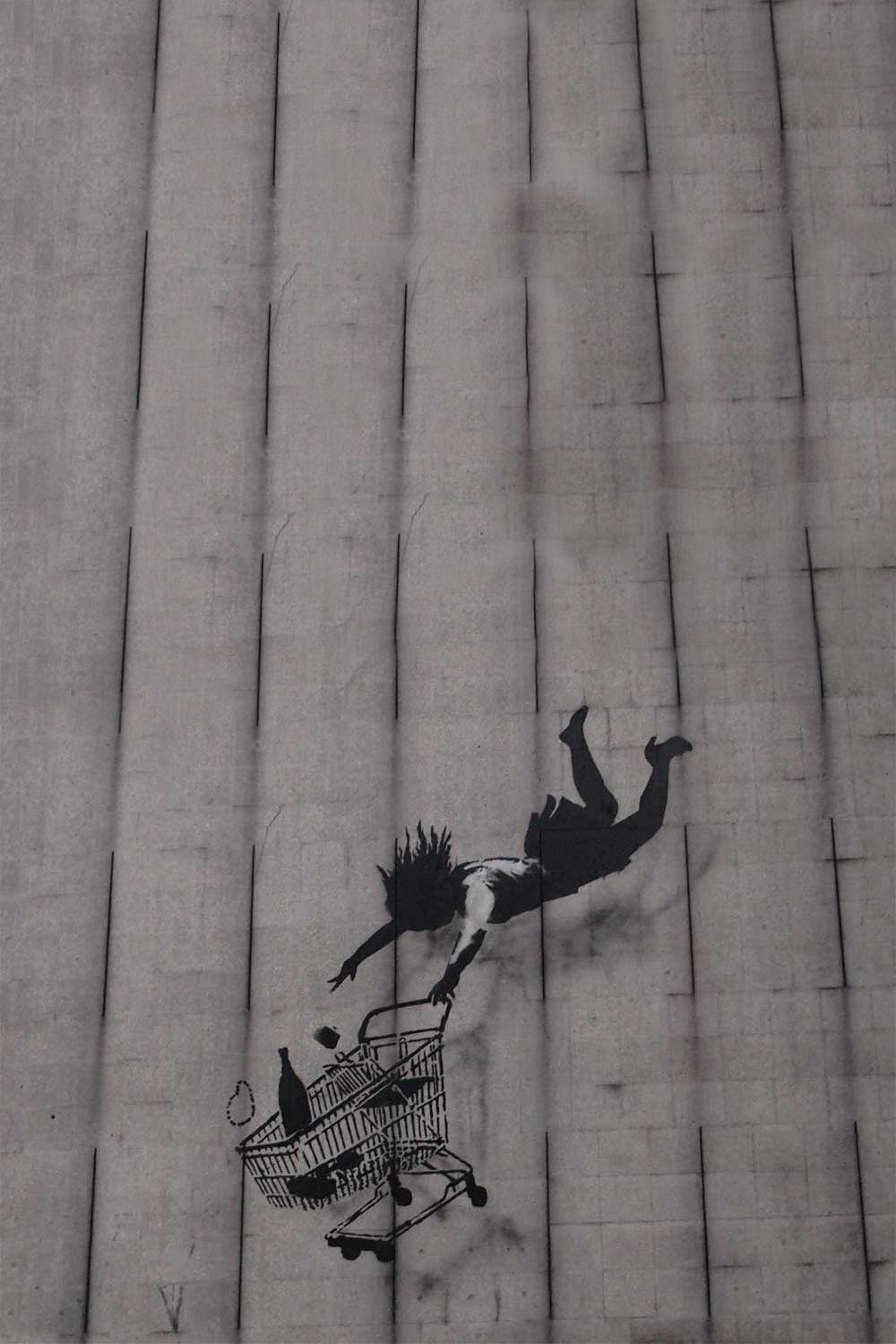 1000x1500 Banksy Girl Falling Shopping Cart Android Wallpaper