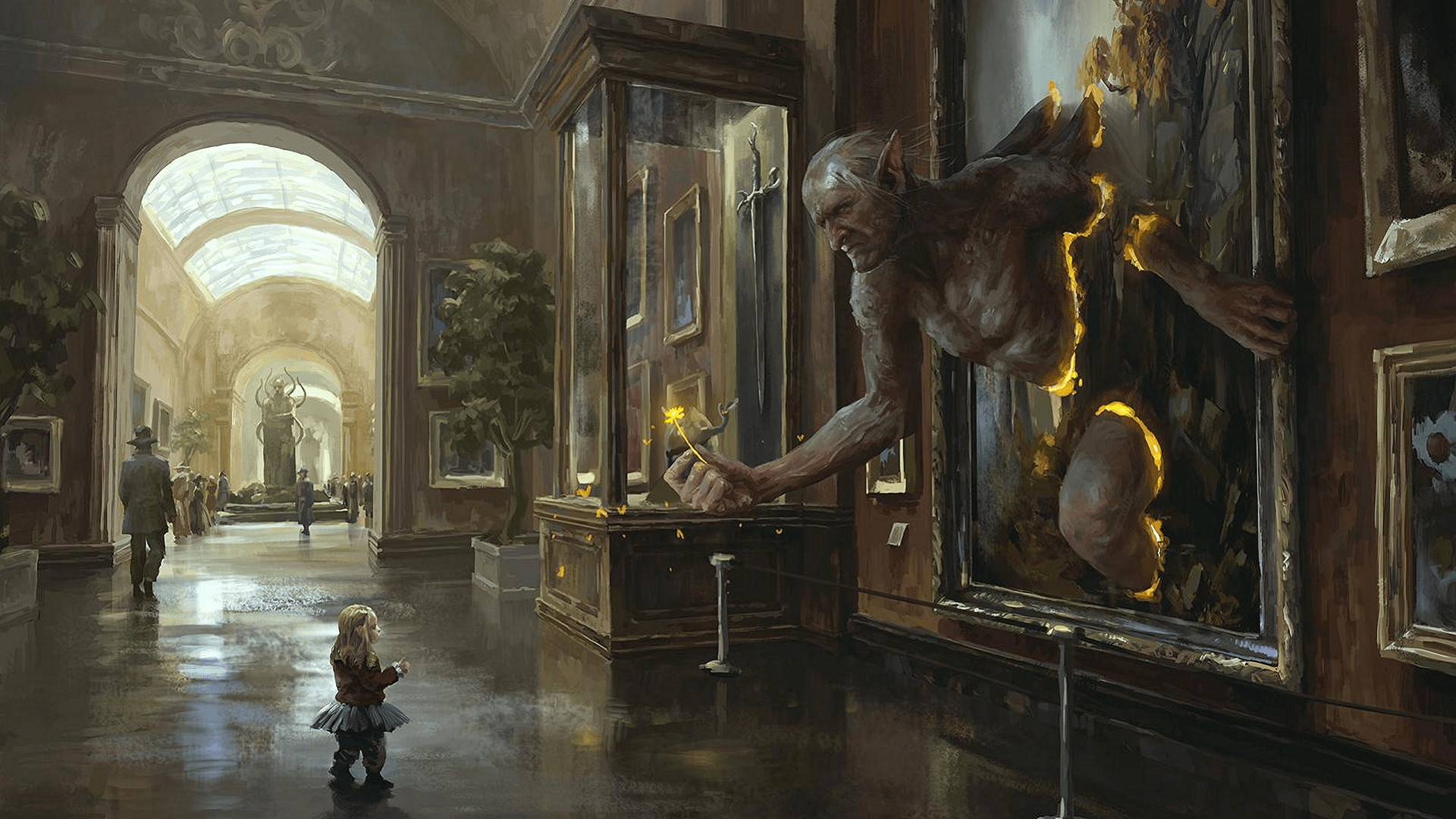 1920x1080 #trolls, #sword, #painting, #flowers, #museum, #statue