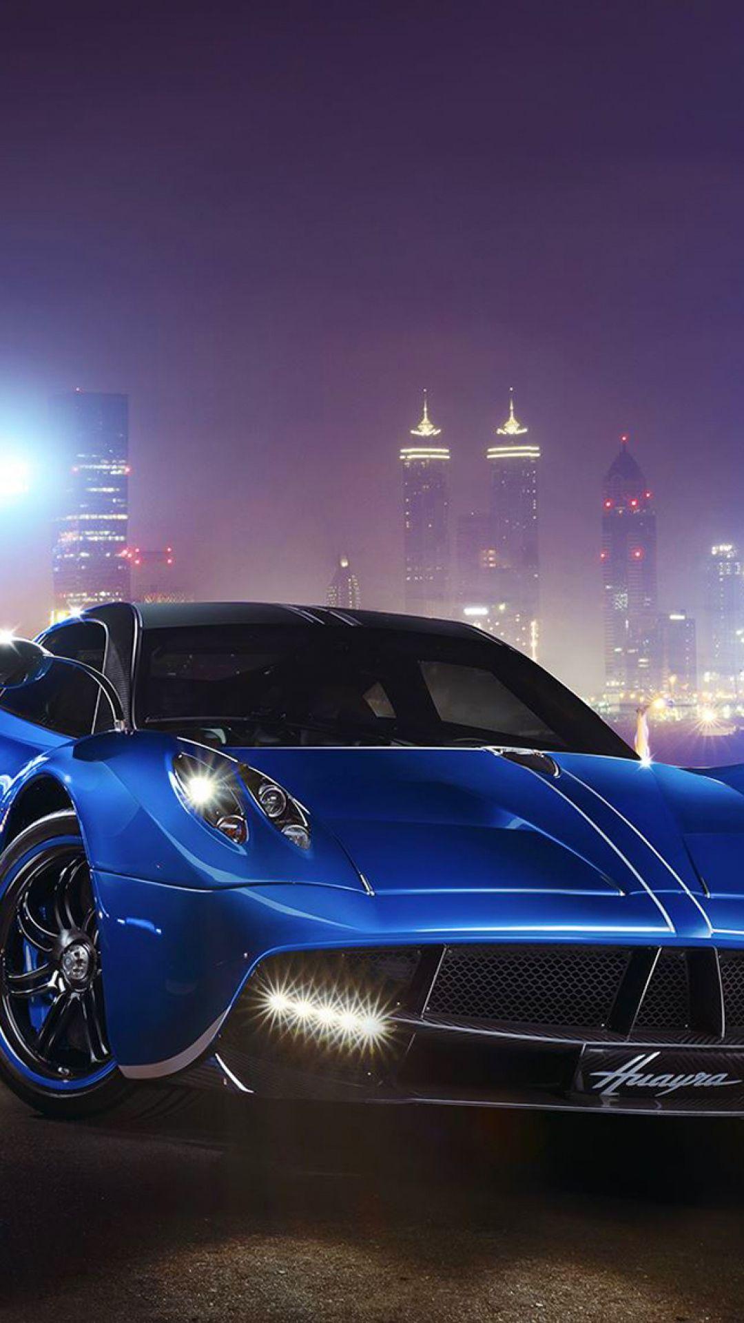 1080x1920 HD Background Pagani Huayra Blue Night Front View City Lights