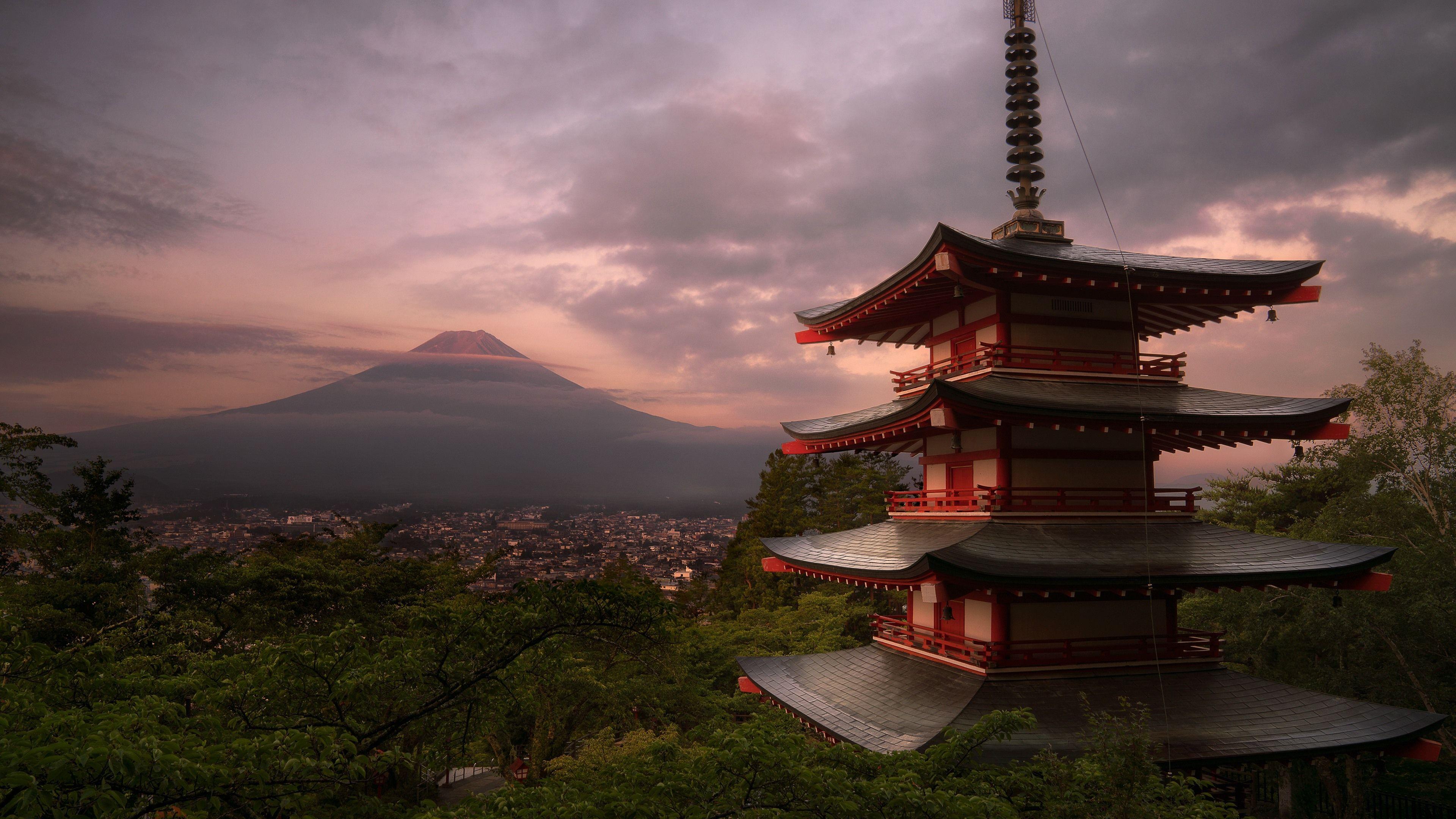 3840x2160 Hình nền Nhật Bản, Ngôi đền, Núi Phú Sĩ, Đám mây, Hoàng hôn - Núi Phú Sĩ