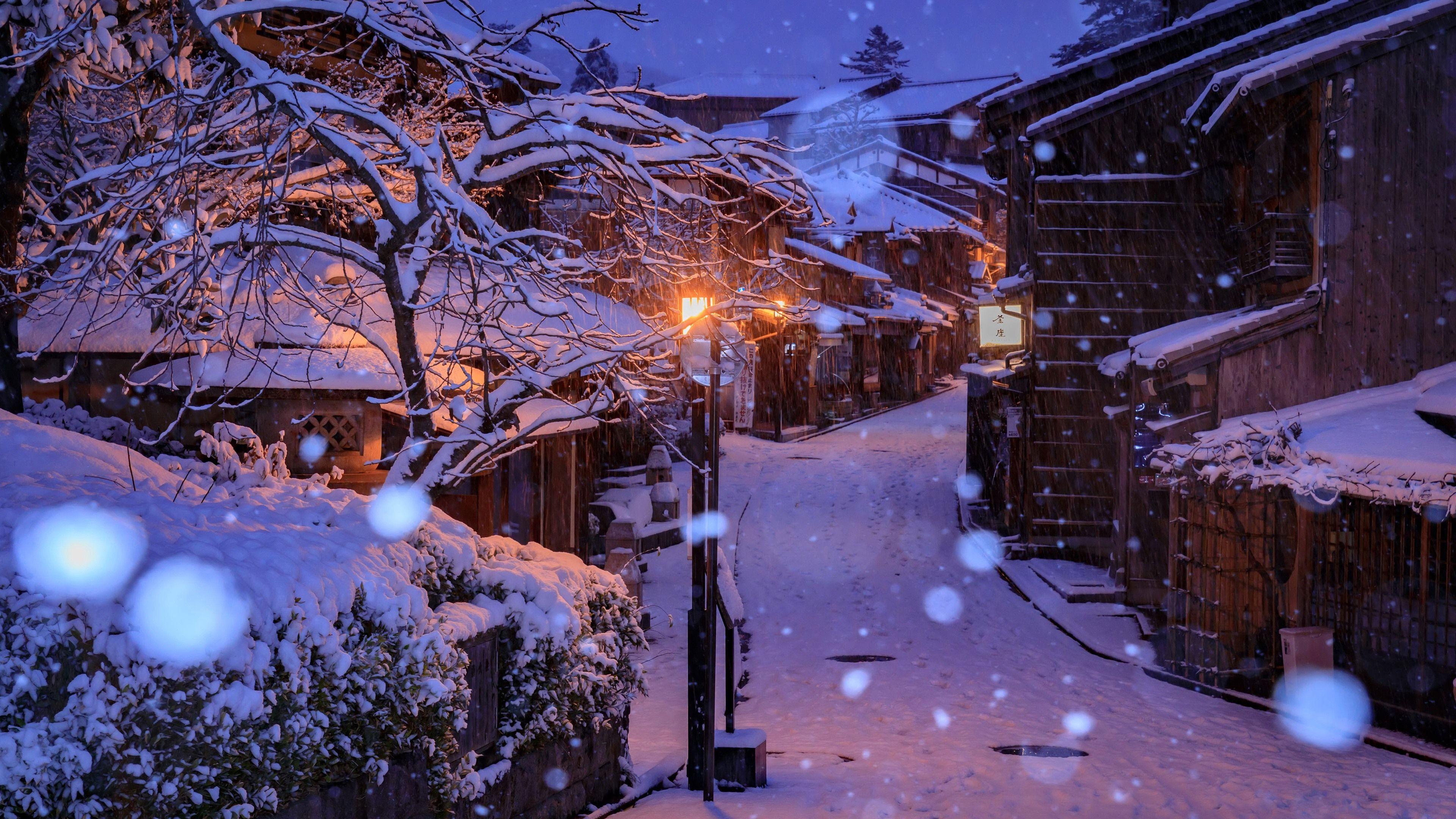 3840x2160 Hình nền Nhật Bản, Kyoto, Nhà ở, tuyết, cây, đêm, Đèn