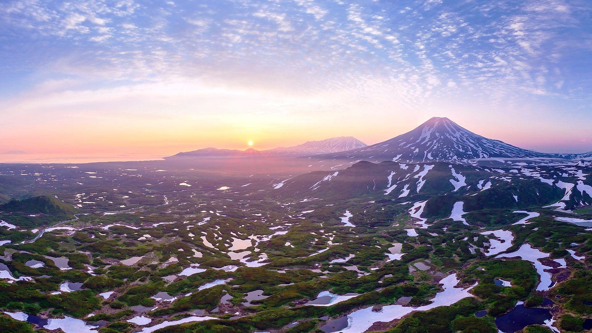 1920x1080 Download Wallpaper sunset snow mountains volcano russia landscape