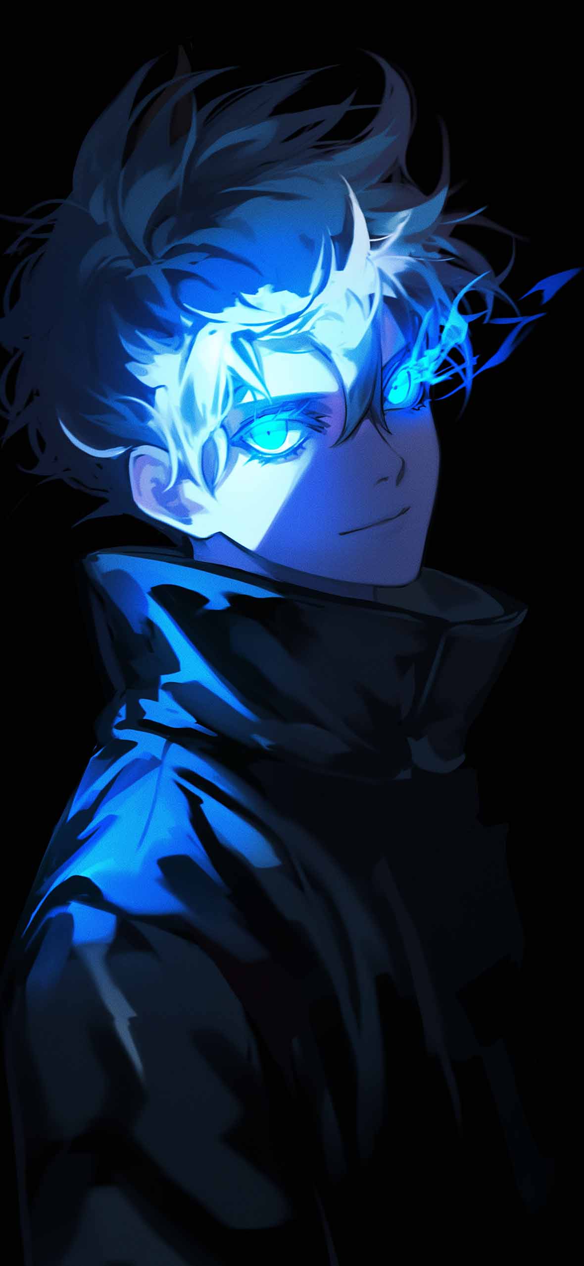 1180x2554 Satoru Gojo Glowing Blue Eyes Intense Wallpaper