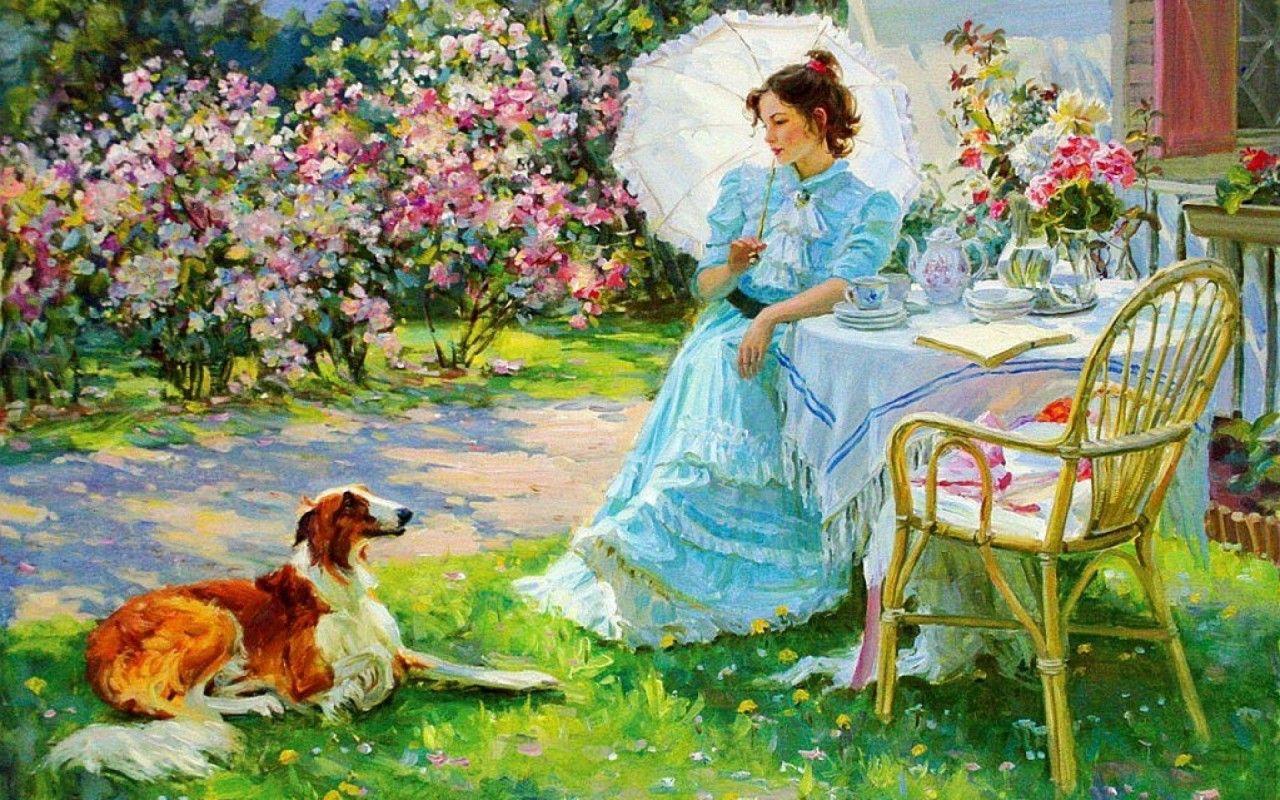 1280x800 Woman Dog Garden Coffee Time wallpaper. Woman Dog Garden Coffee