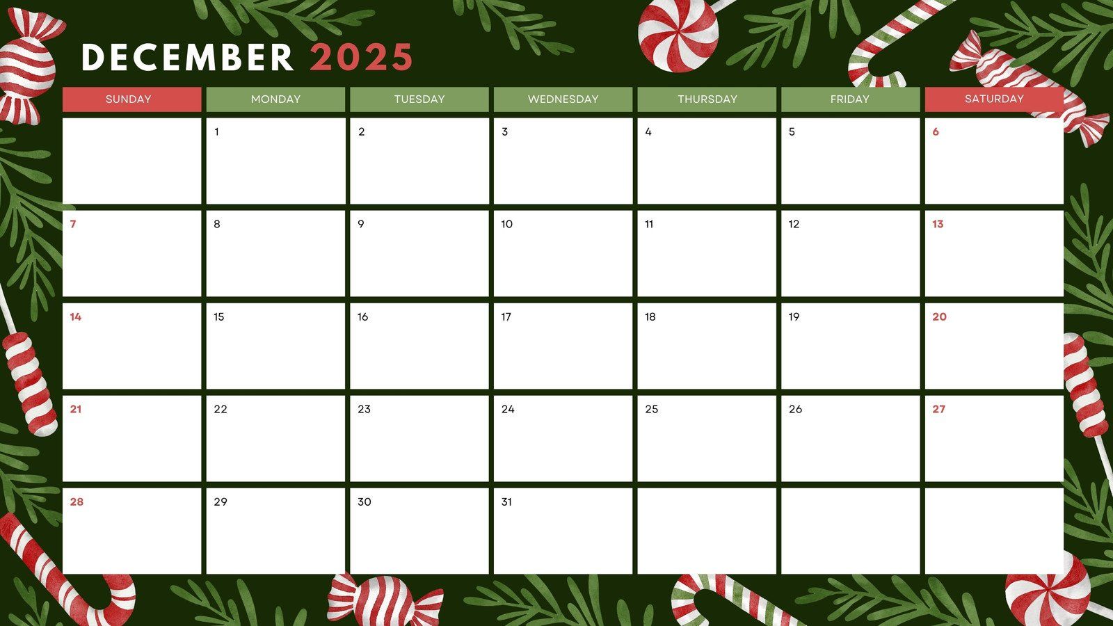 1600x900 Free, printable December 2025 calendar templates