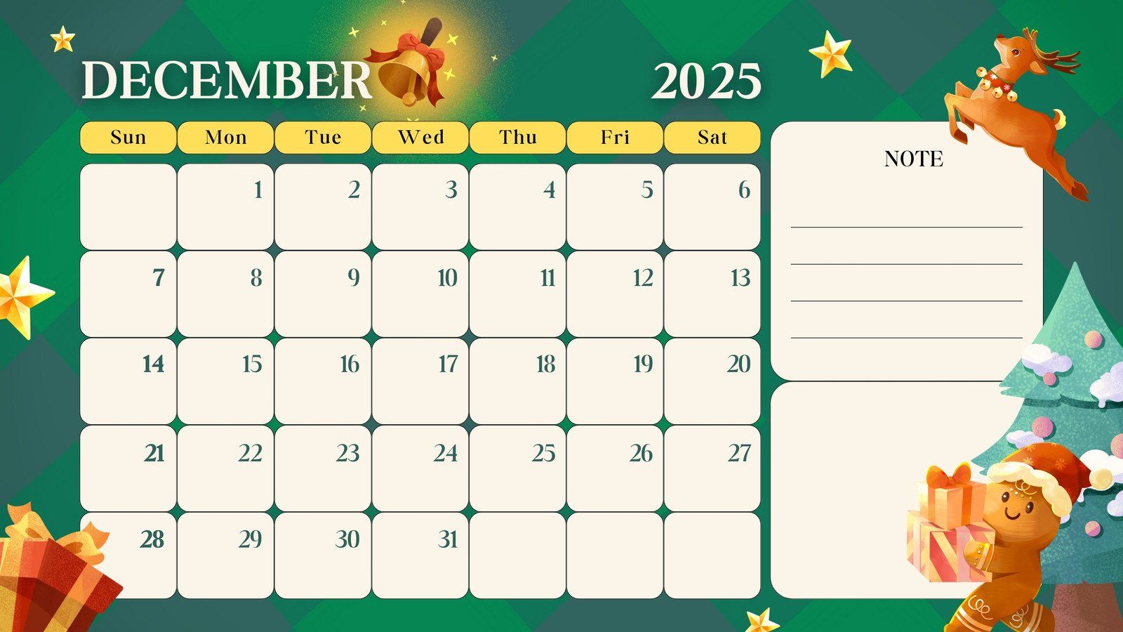 1600x900 Free, printable December 2025 calendar templates