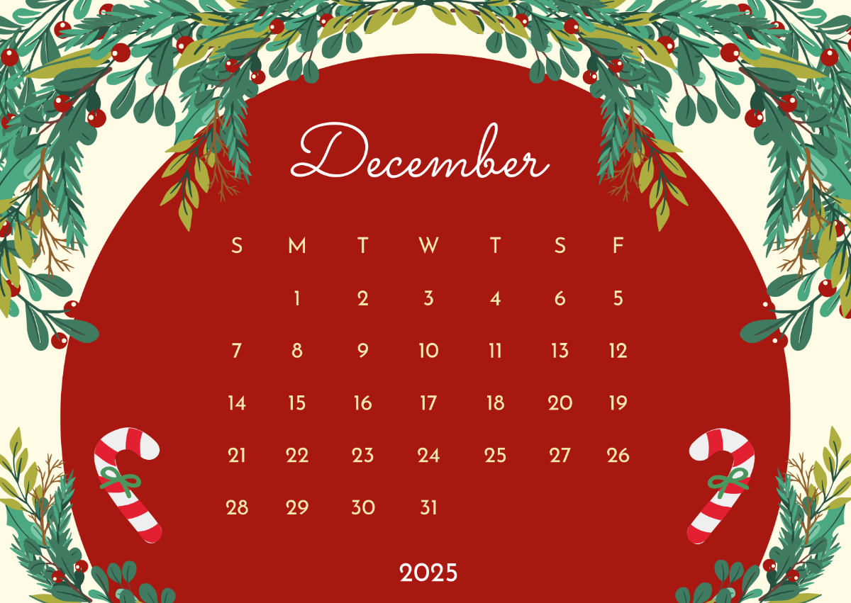 1200x851 Free December 2025 Floral Wreath Calendar Template to Edit Online
