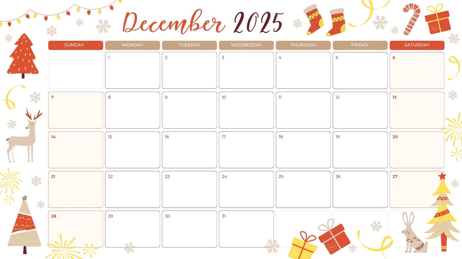 1600x900 Free, printable December 2025 calendar templates
