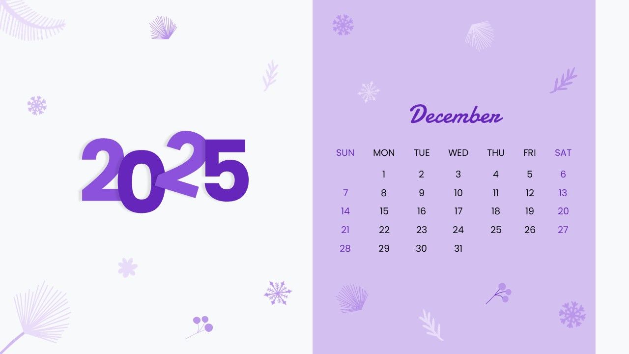 1280x720 Free 2025 December Calendar Template For PowerPoint and Google Slides