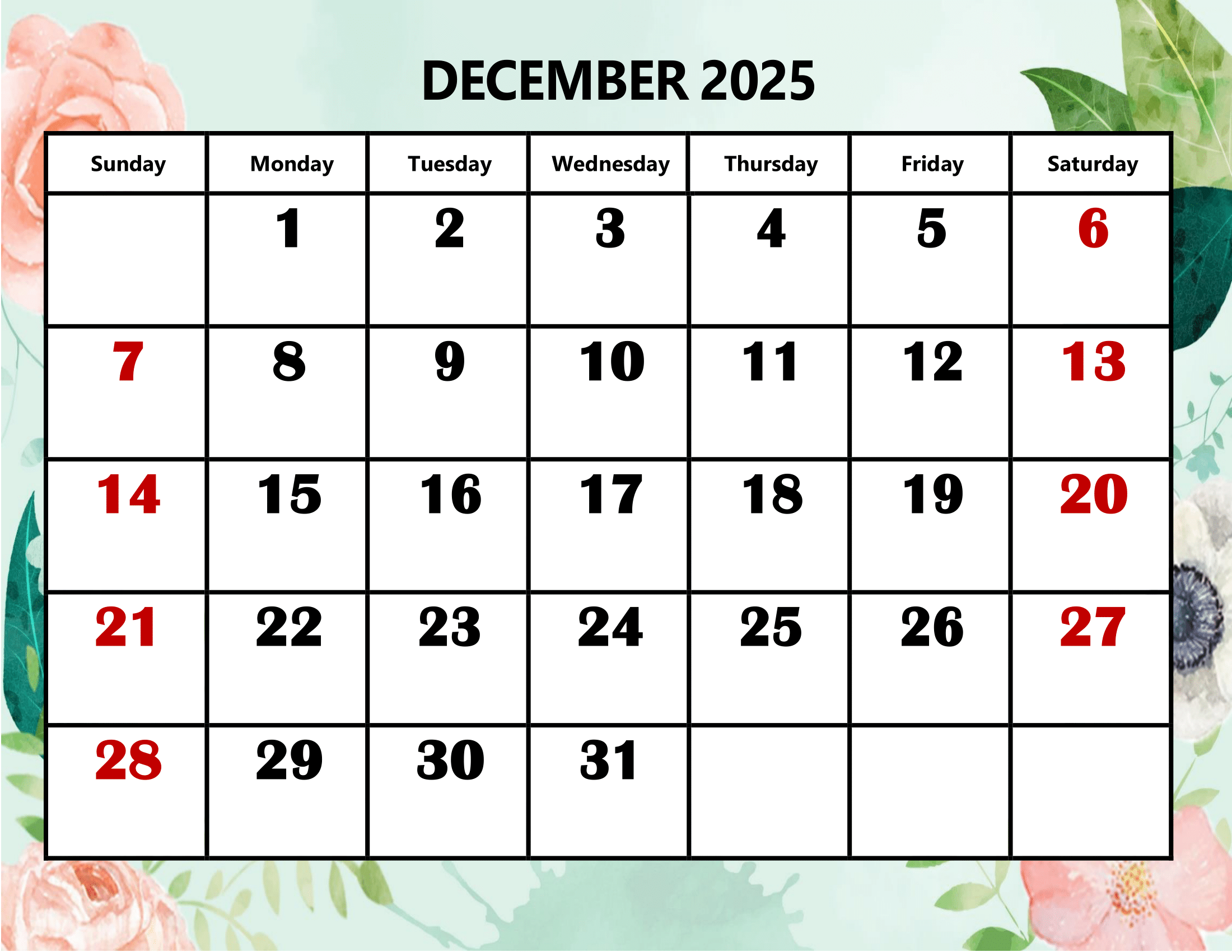 2200x1700 December 2025 Calendar Printable PDF Template with Holidays