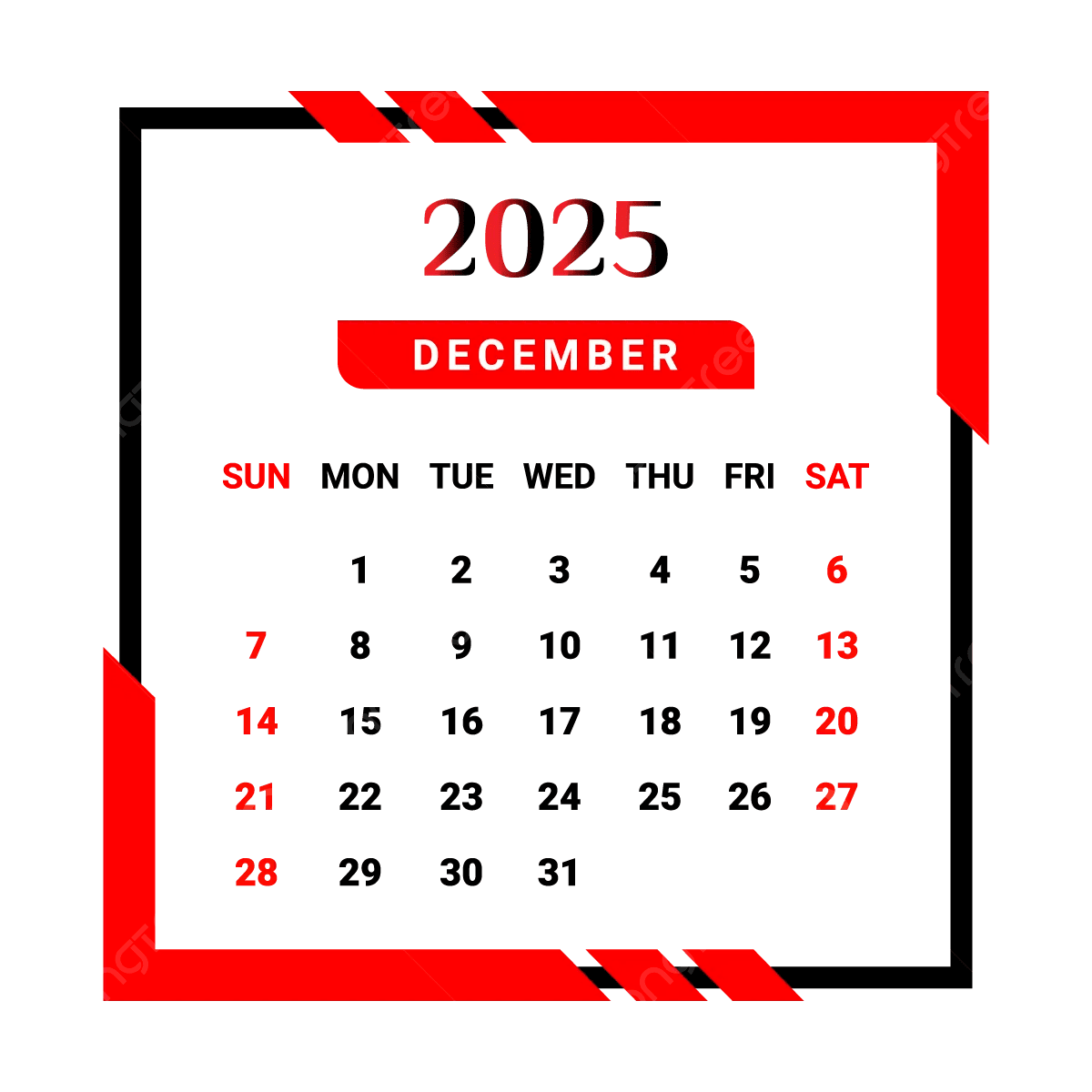 1200x1200 December Month Calendar With Red And Black Unique Style Vector, Monthly Calendar, Calendar, December 2025 PNG and Vector with Transparent Background for Free Download