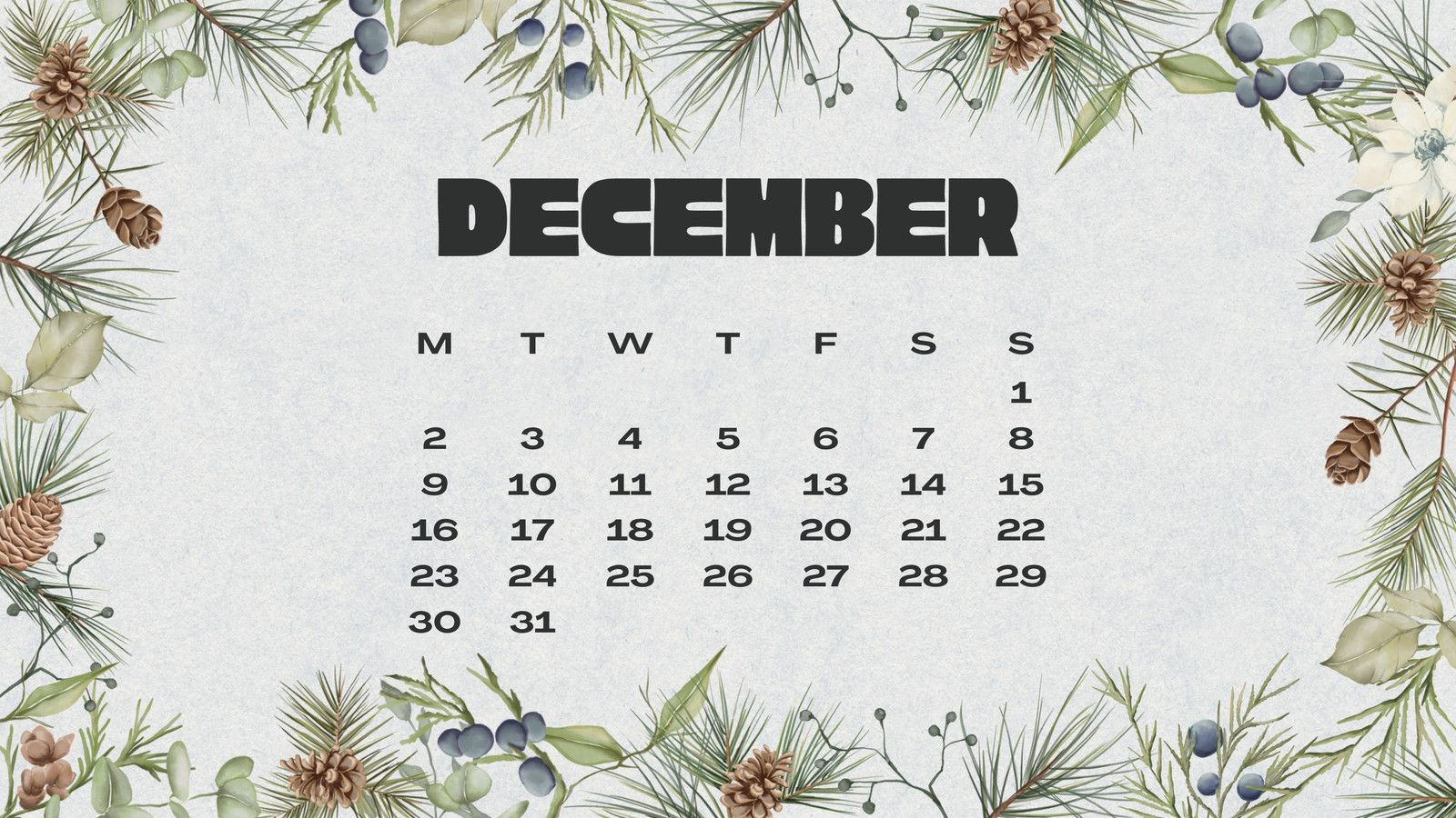1600x900 printable December 2025 calendar templates