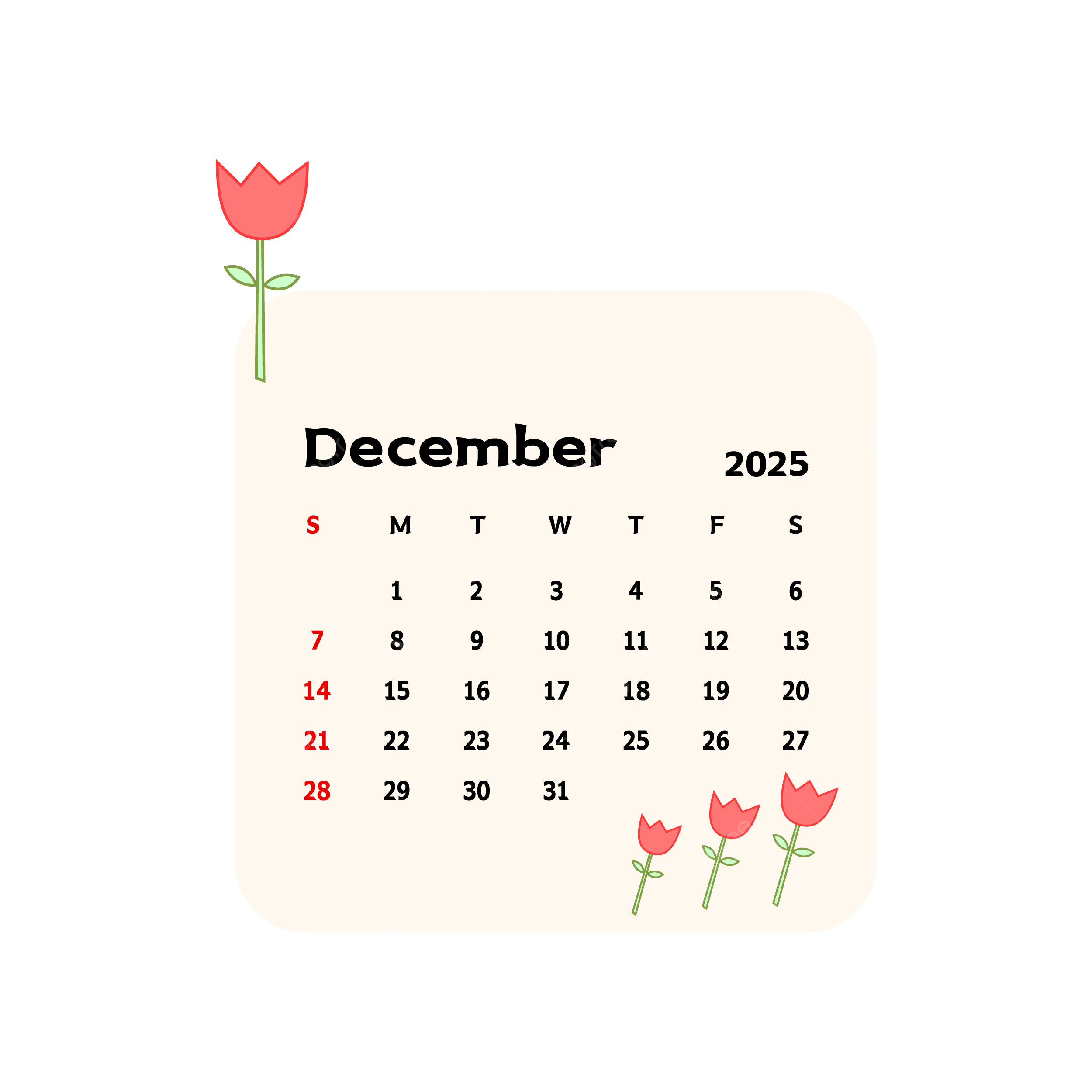 2500x2500 December 2025 Calendar With Cartoon Rose Flowers Vector, Rose Clipart, Calendar Clipart, Cartoon Clipart PNG and Vector with Transparent Background for Free Download