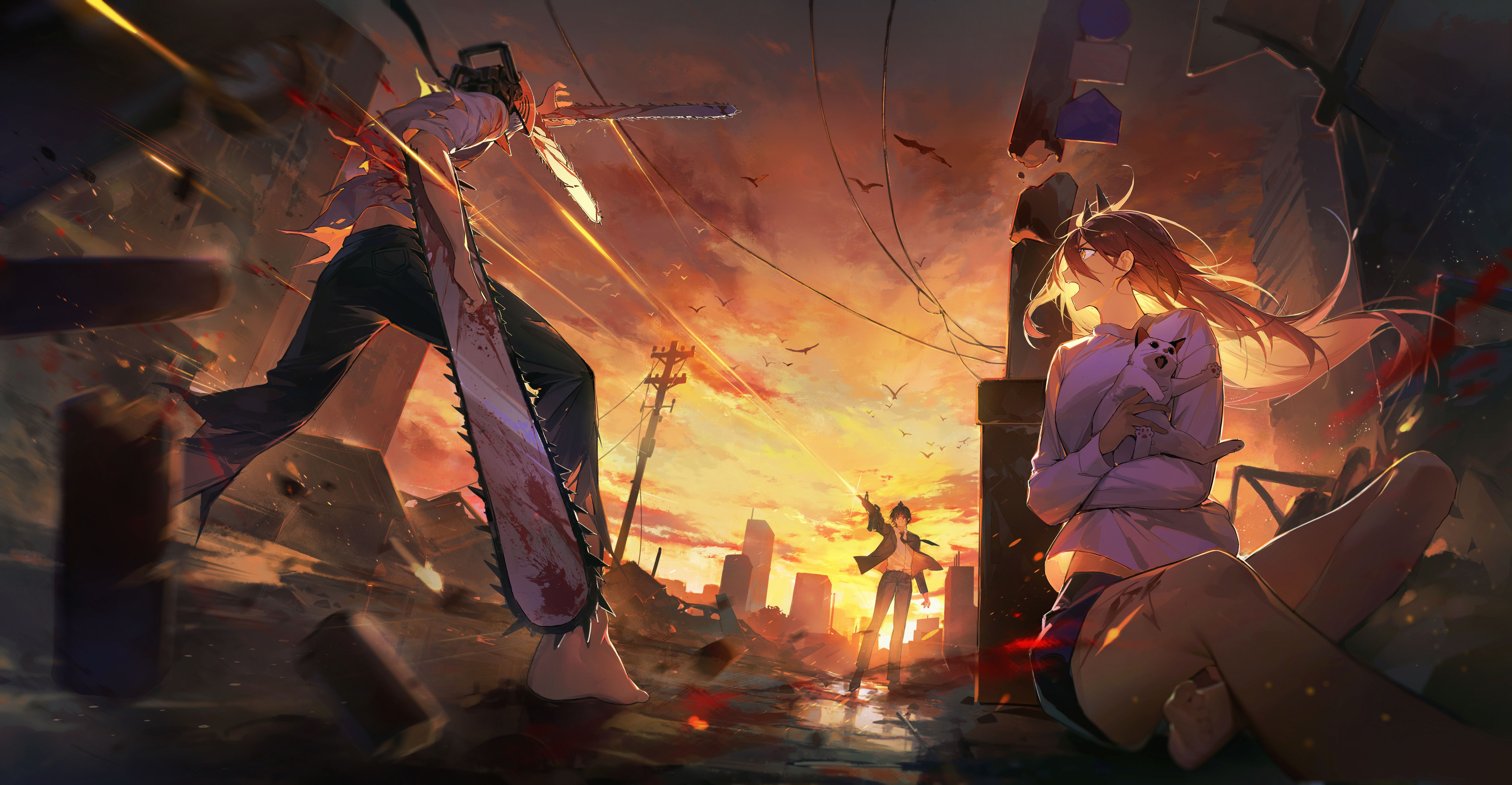 6665x3462 Chainsaw Man Epic: Aki, Denji & Power in 4K Ultra HD Action Wallpaper