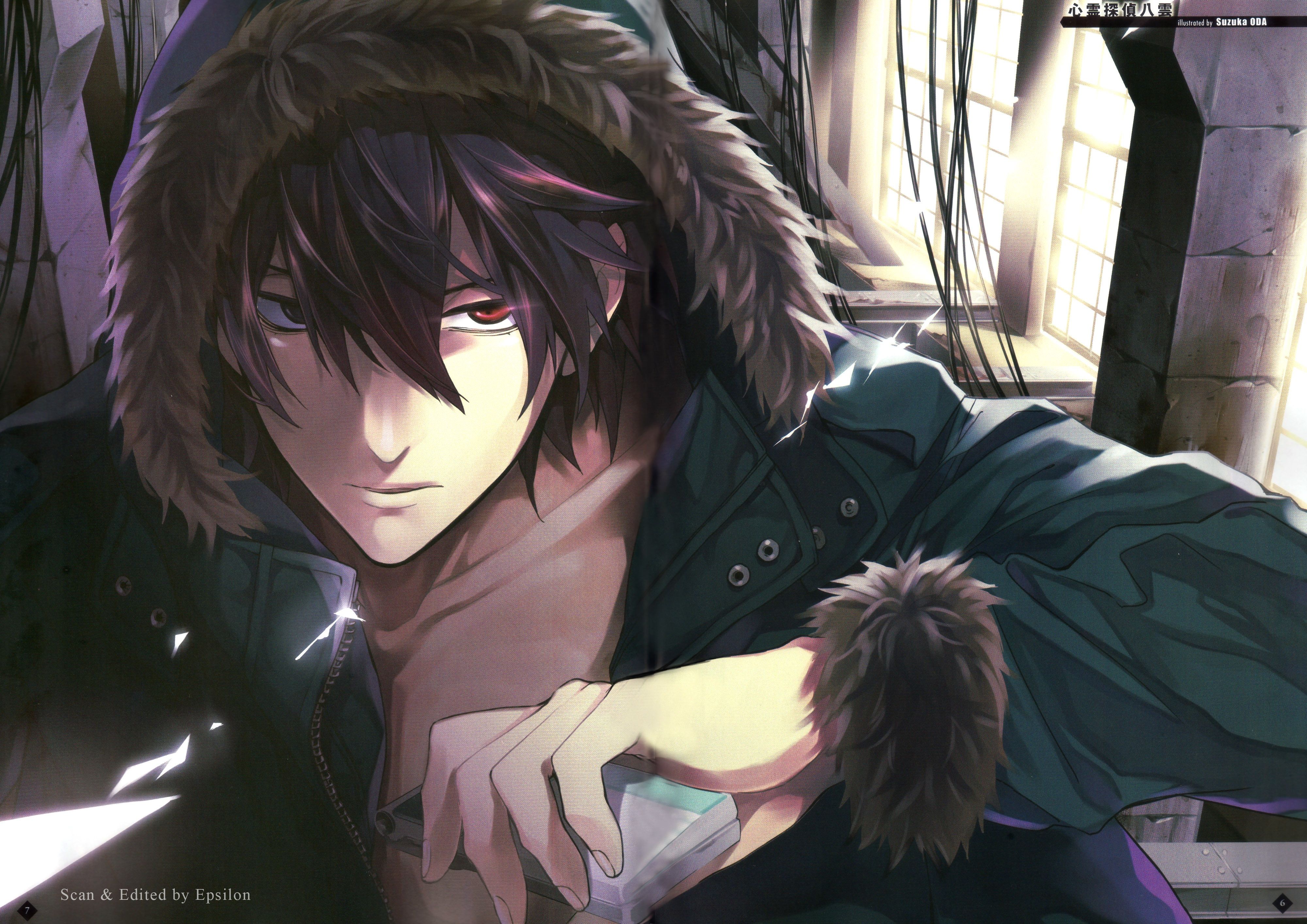 4000x2828 Wallpaper anime, jacket, serious, fur, guy, red eyes, black hair, Psychic Detective Yakumo for mobile and desktop, section аниме, resolution 4000x2828