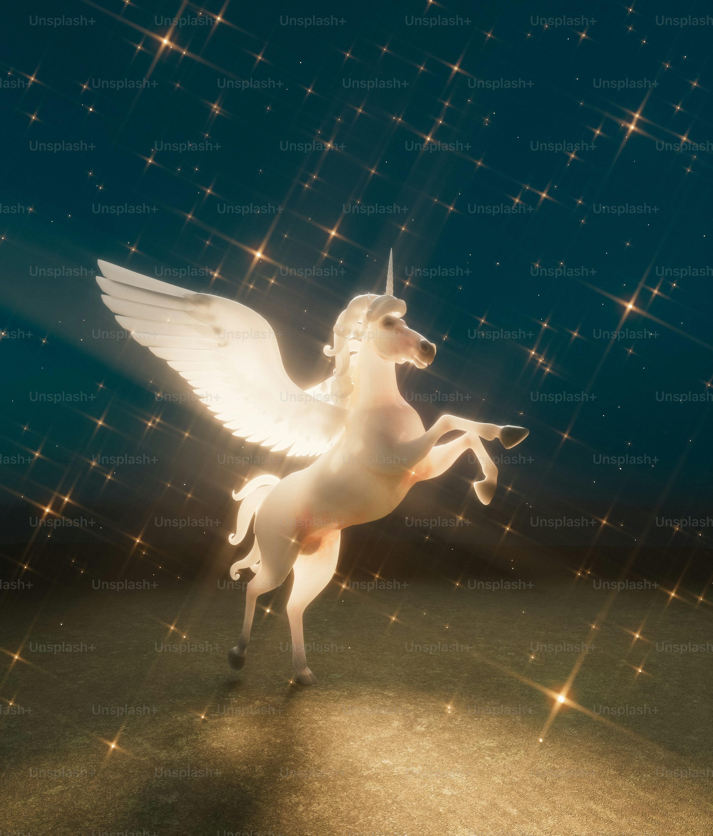 3000x3516 A pegasus unicorn stands in the starry night. photo