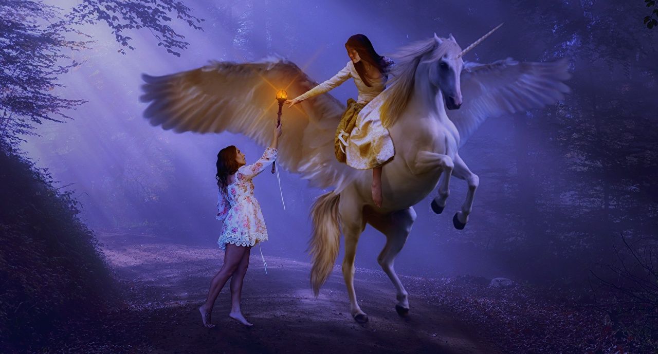 1280x689 Photo Pegasus Unicorns Mage Staff Wings Fog Girls Fantasy