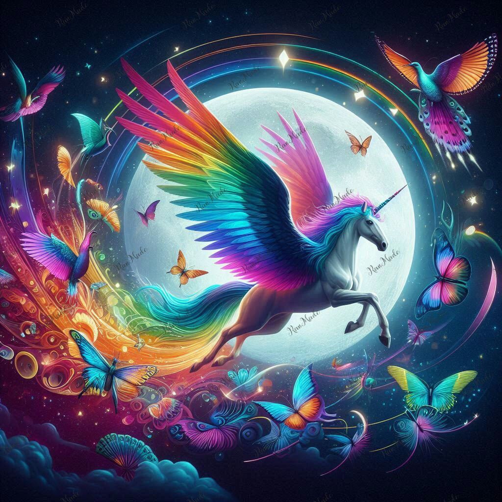 1024x1024 Rainbow Pegasus Flying Unicorn Art Print: Butterflies & Hummingbirds (digital Download)
