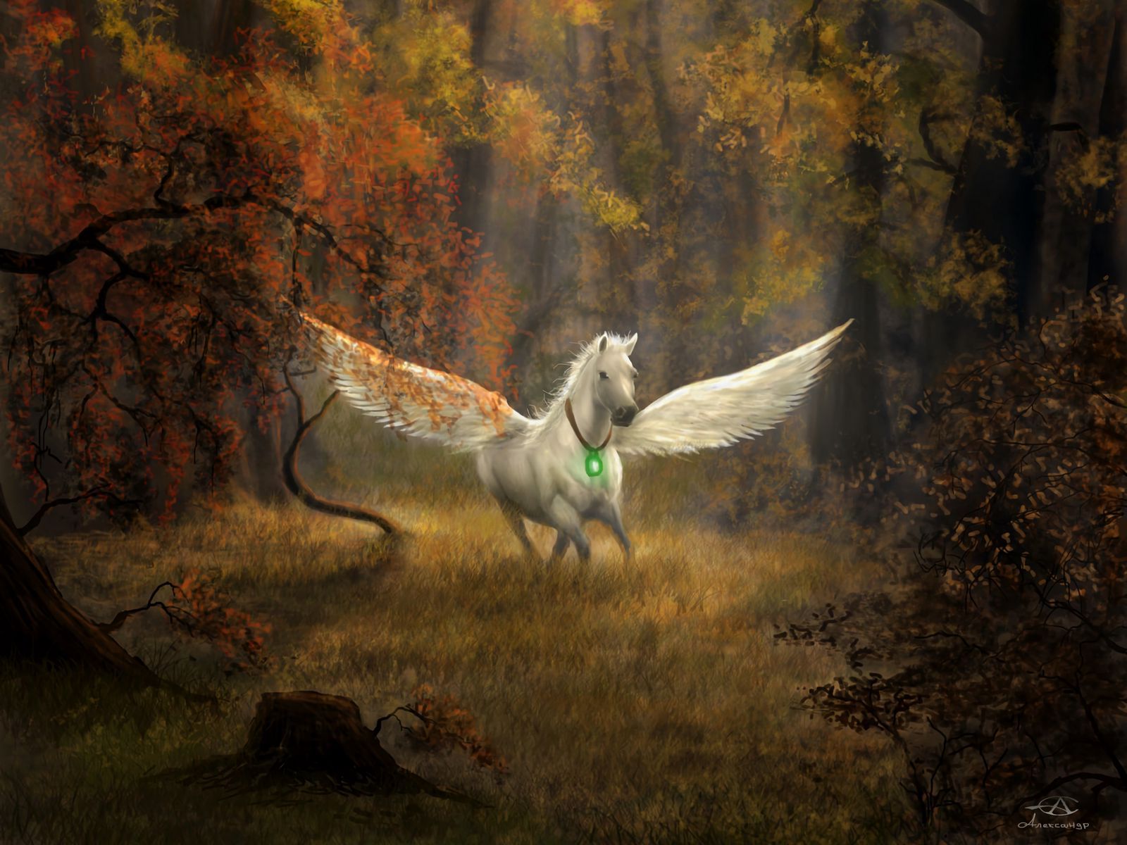 1600x1200 Download wallpaper 1600x1200 pegasus, horse, wings, forest, fantasy, art standard 4:3 HD background