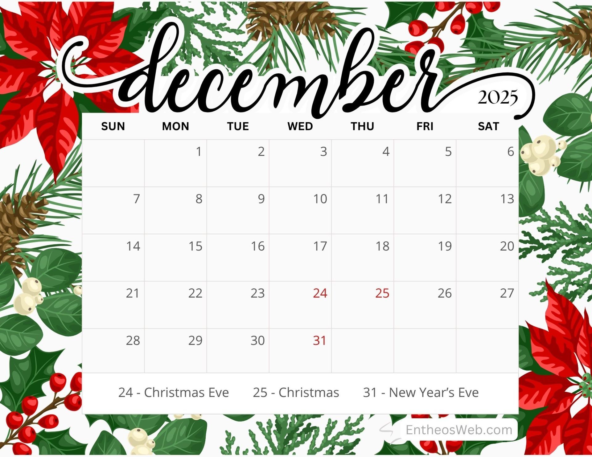 1920x1483 December 2025 Calendar Free PDF Printables