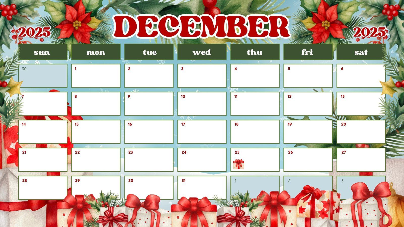 1600x900 printable December 2025 calendar templates