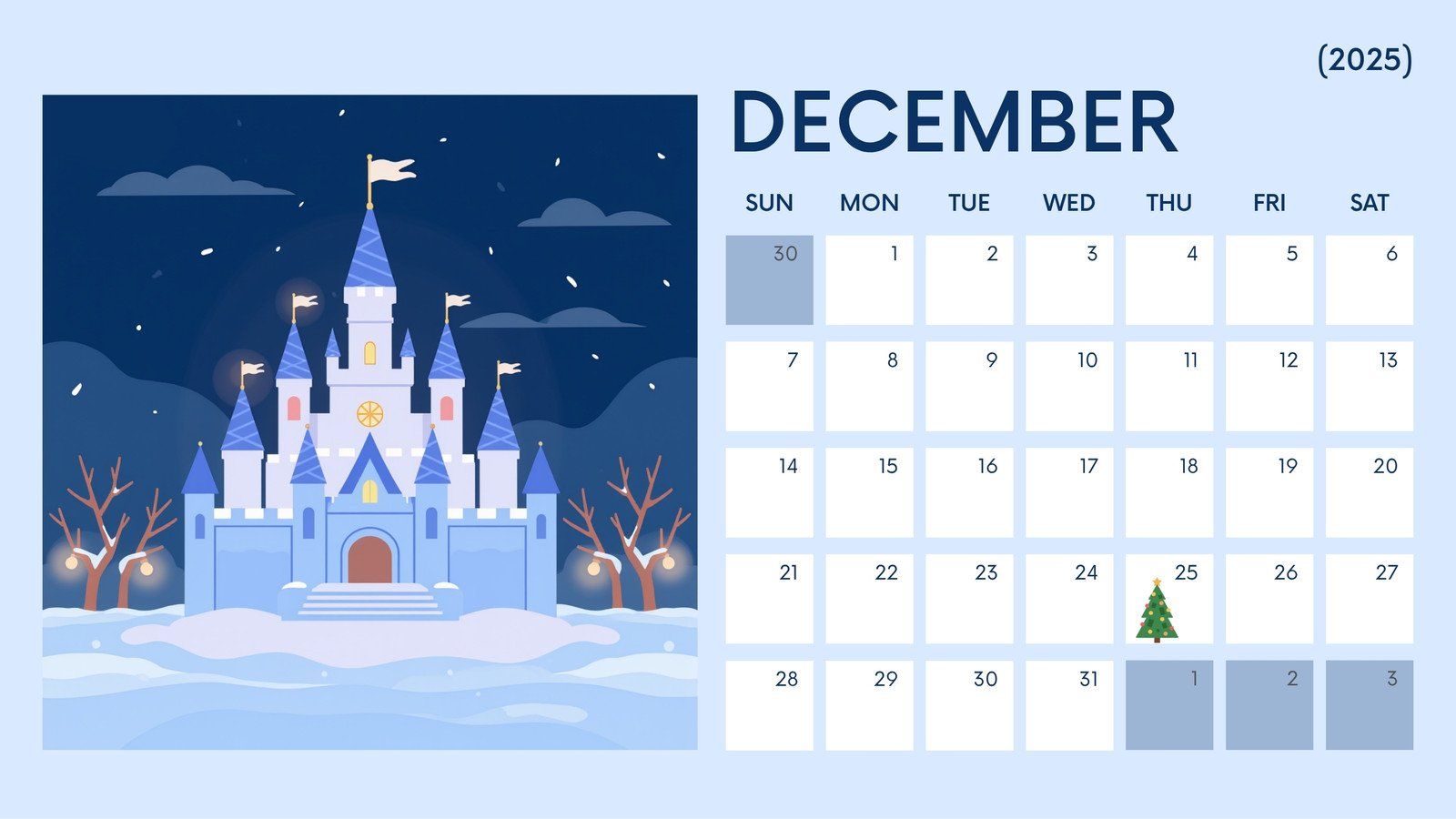 1600x900 Free, printable December 2025 calendar templates