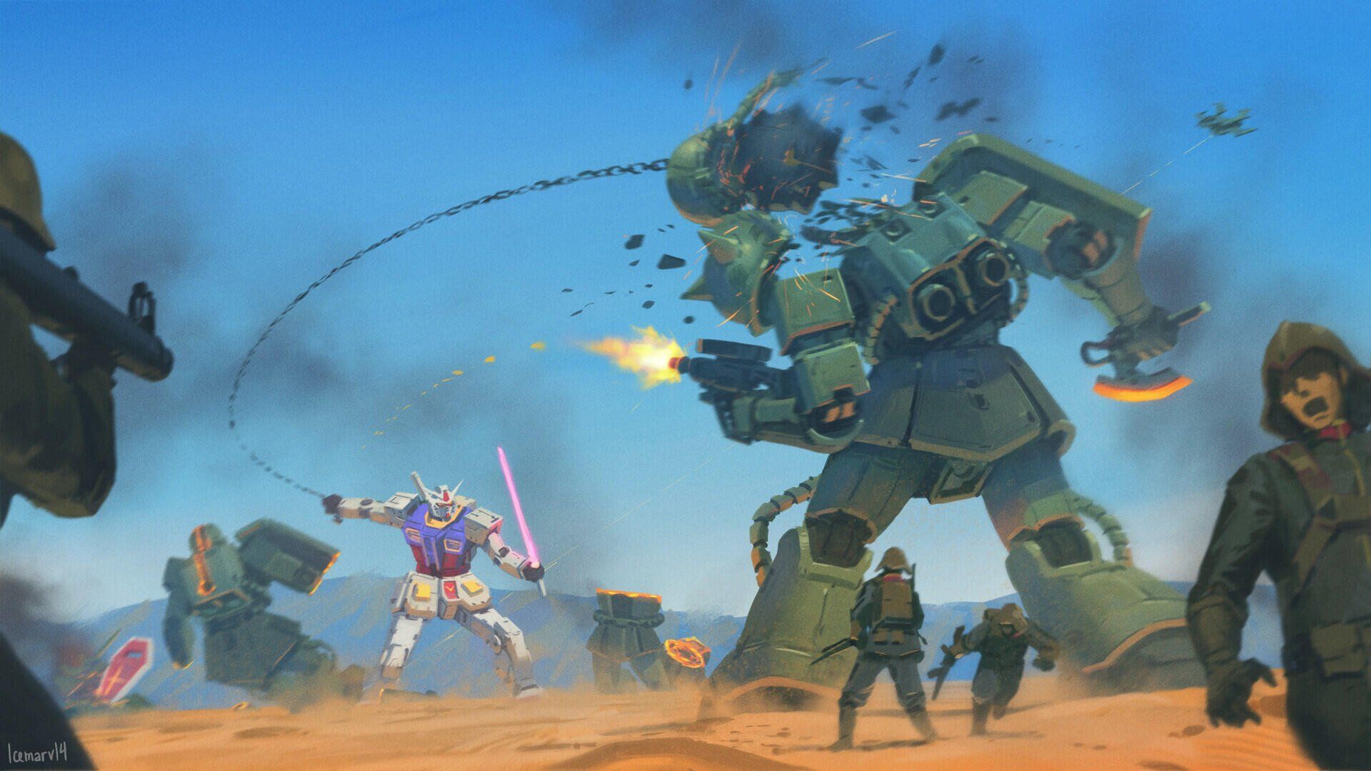 1920x1080 HD Anime Wallpaper: RX 78 2 Gundam In Intense Mobile Suit Battle