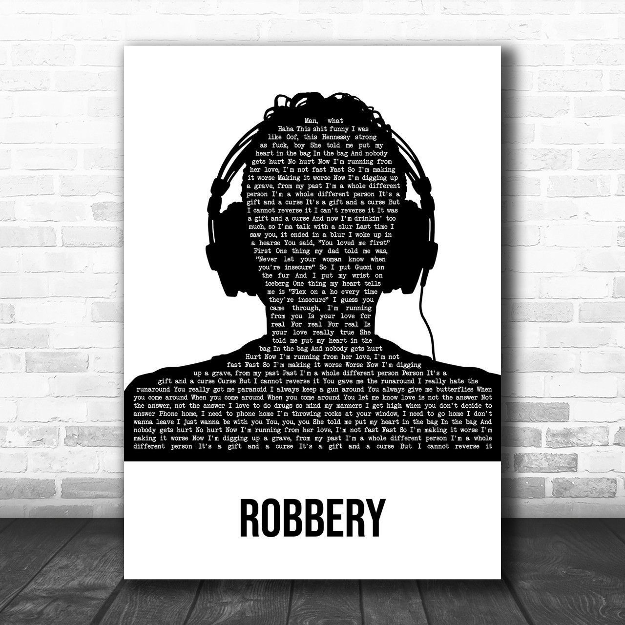 1280x1280 Juice WRLD Robbery Black & White Man Headphones Song Lyric Music Art Print Lyric Designs