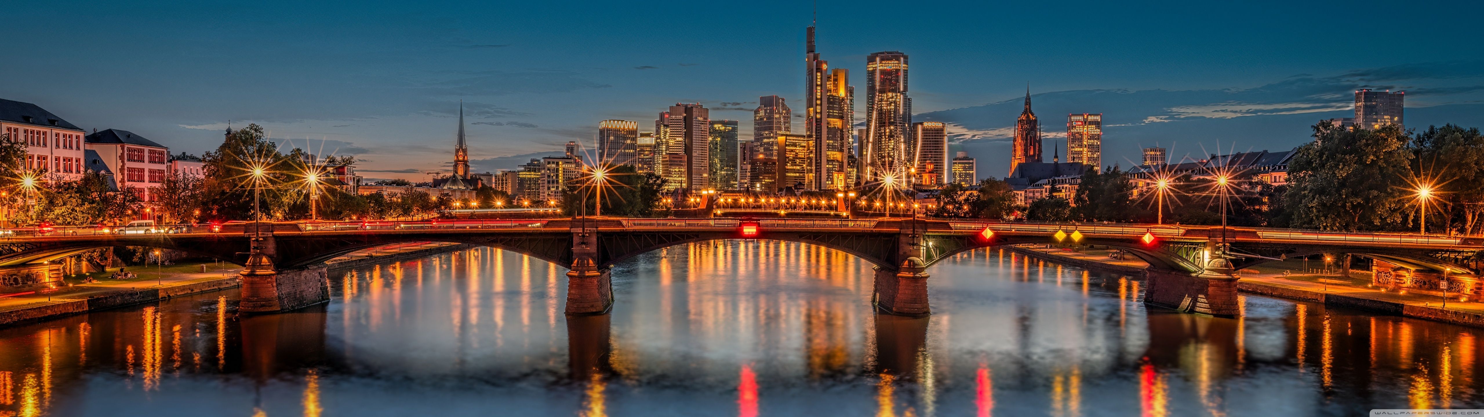 5120x1440 Frankfurt, Germany, Bridge, Evening, City Lights, Europe 4K UHD Wallpaper for UltraHD Desktop and TV : Widescreen and UltraWide Display : Dual Monitor