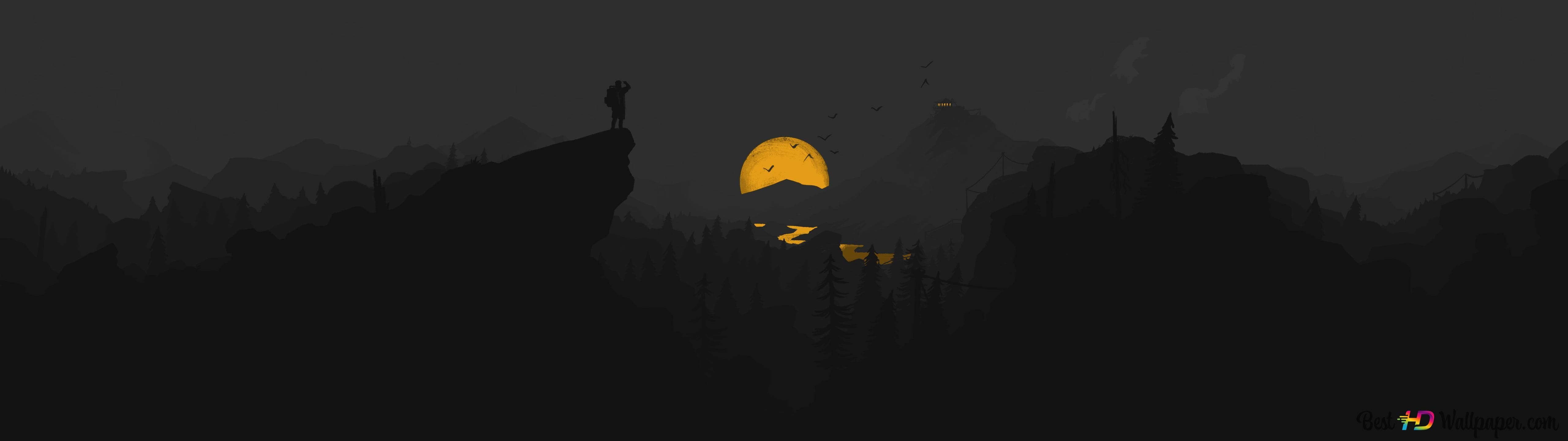 5120x1440 Yellow lights of full moon and anime view of dark environment in gray 4K wallpaper download