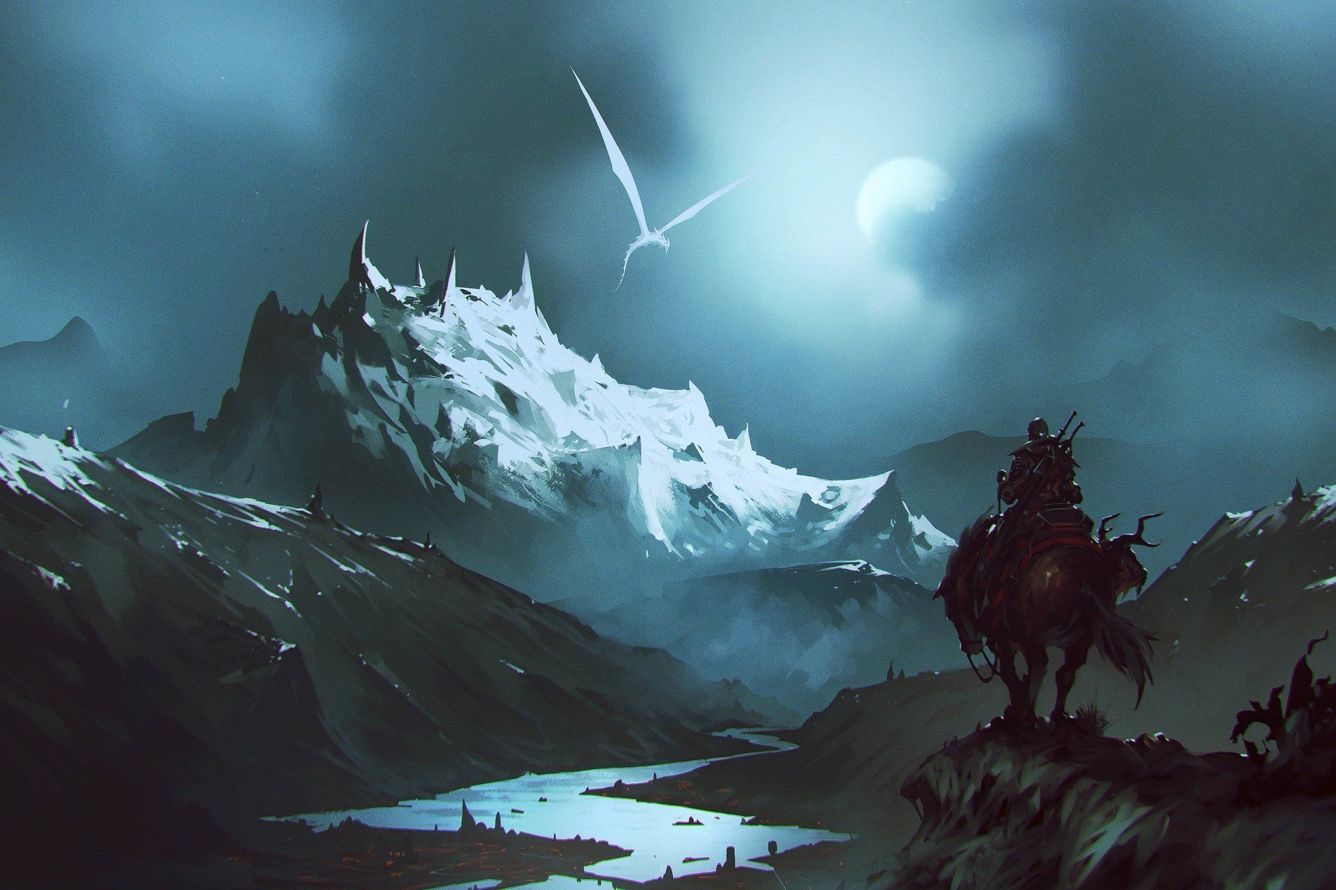 1920x1280 Fantasy Warrior and Dragon Overlook a Mystical Mountain Landscape