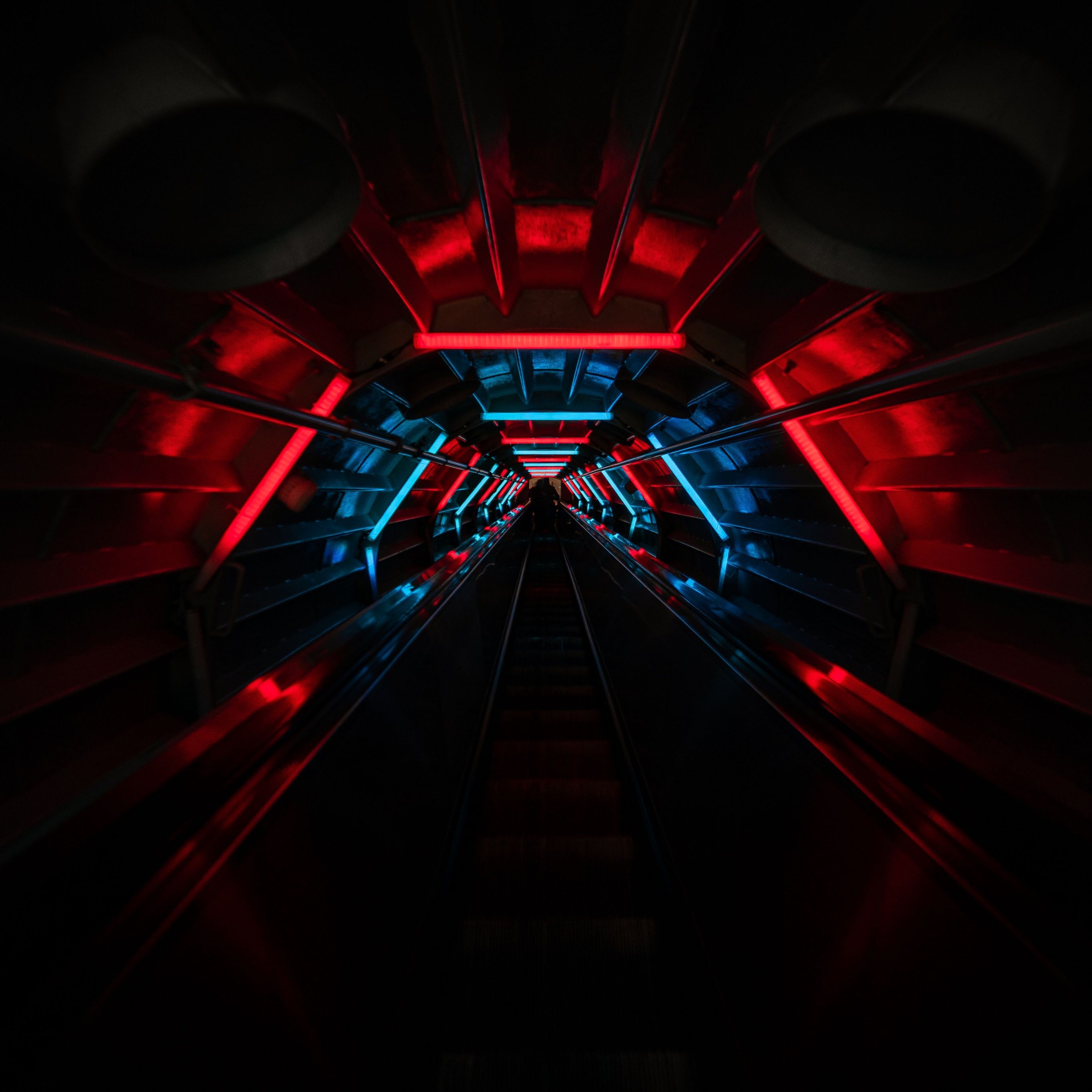 2732x2732 Tunnel Wallpaper 4K, Vanishing point, Red lighting